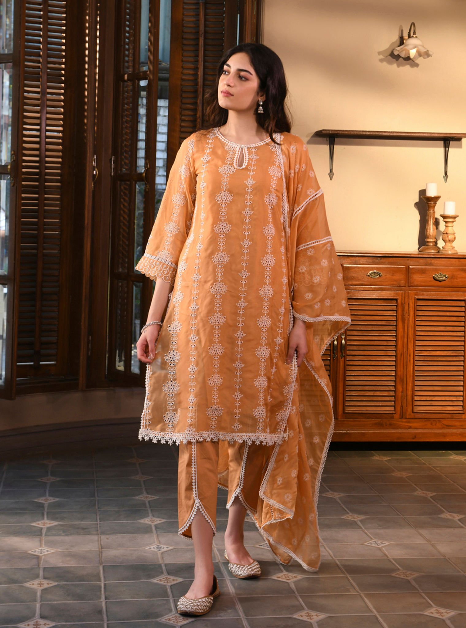 Mulmul Organza Nisrina Orange Kurta With Mulmul Cotton Nisrina Orange Pant