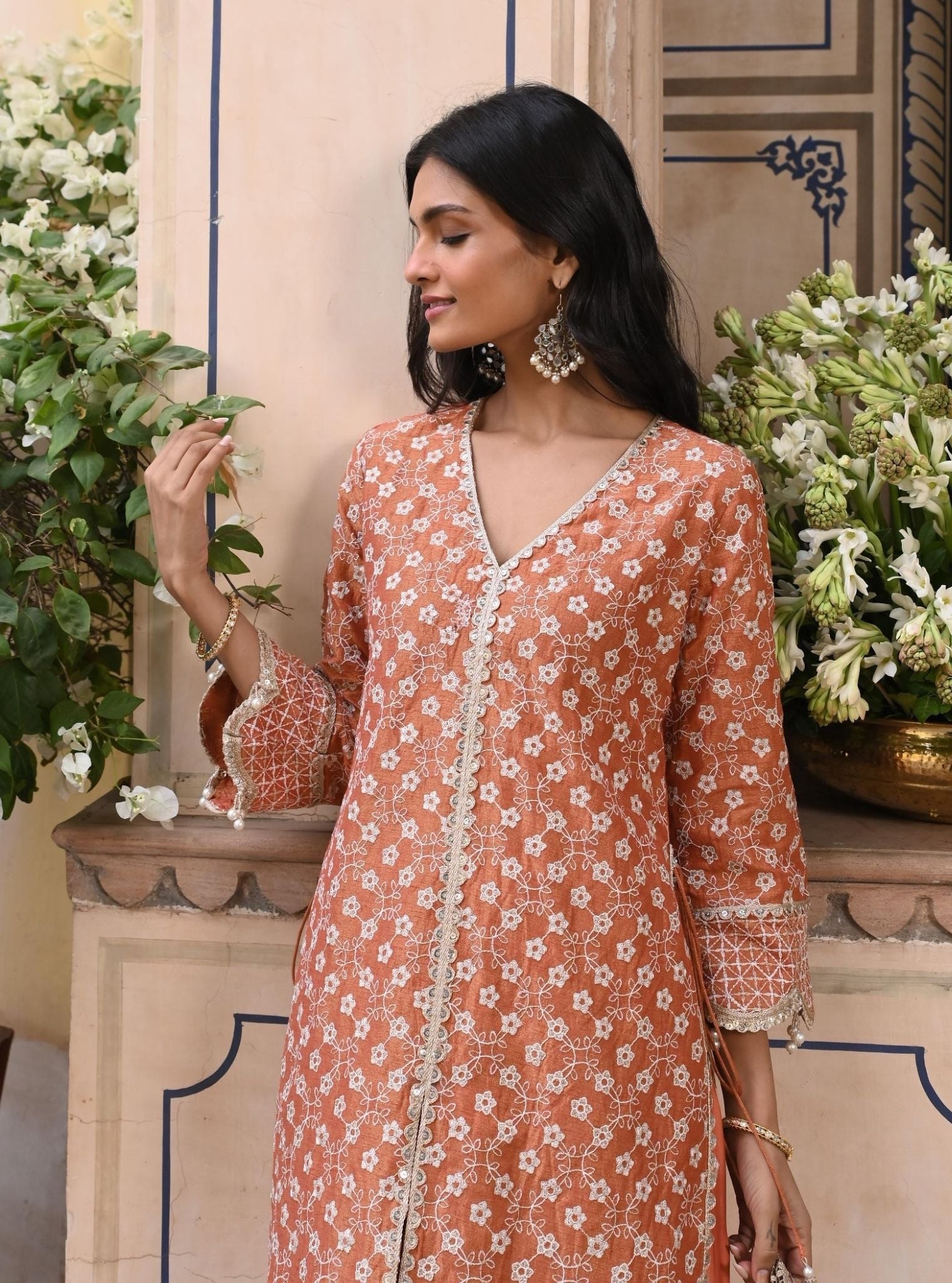 Mulmul Luxe Tissue Satin Maaeri Burnt Orange Kurta with Mulmul Modal Satin Maaeri Burnt Orange Skirt