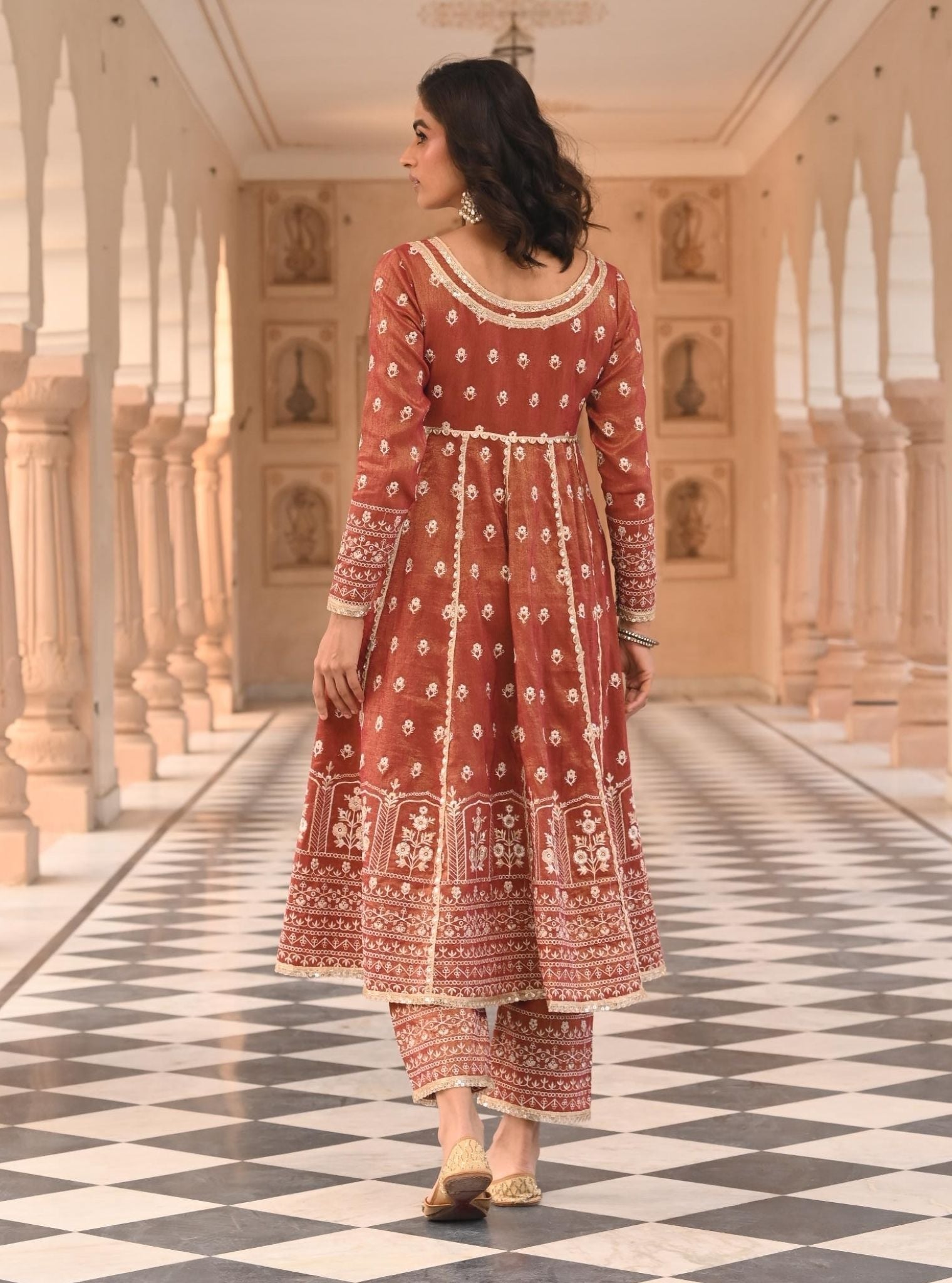 Mulmul Luxe Tissue Satin Mastani Red Anarkali Kurta with Mulmul Tissue Satin Mastani Red Pant