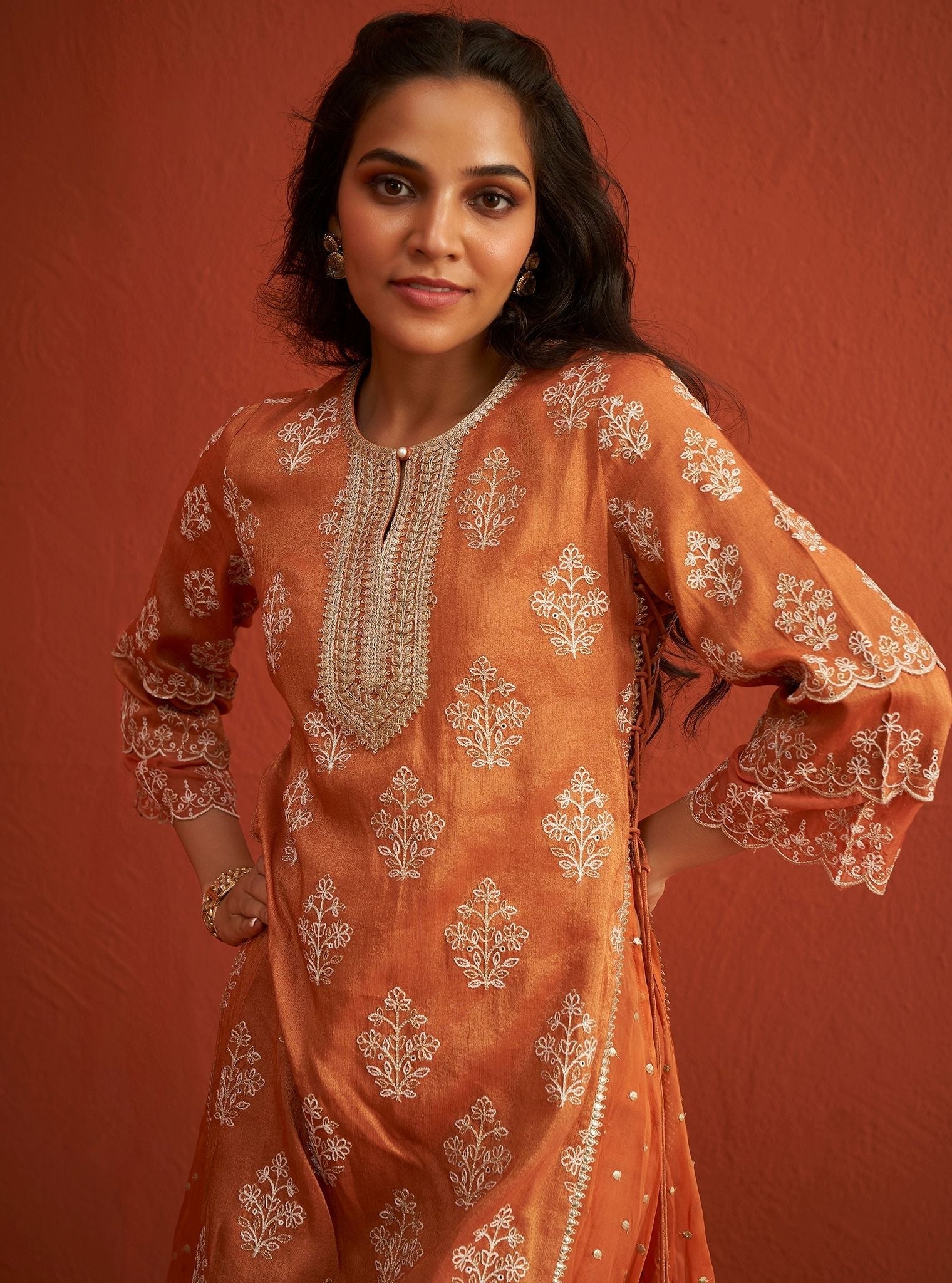 Evelina Tissue Linen Satin Burnt Orange Kurta Set