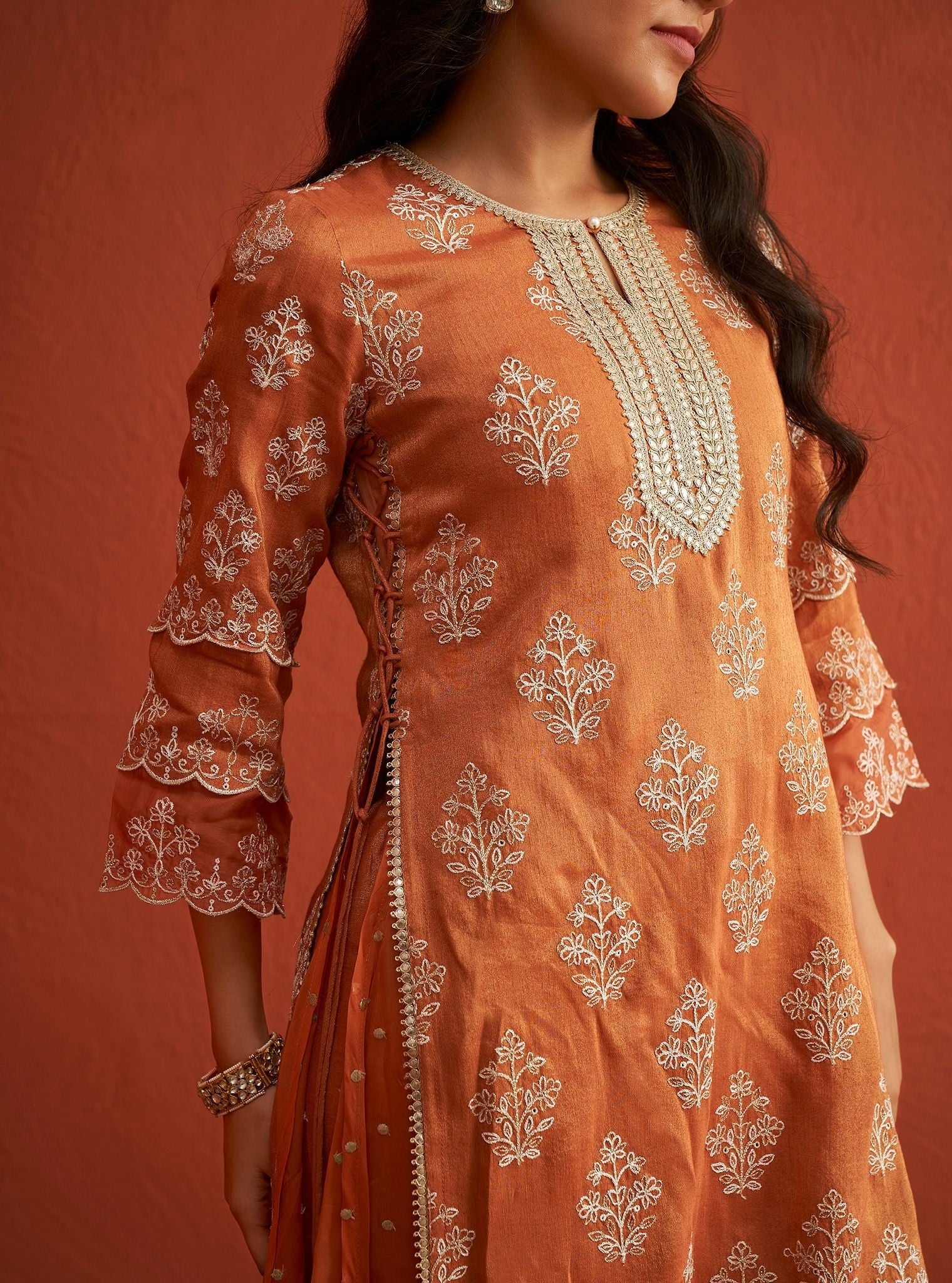 Mulmul Tissue Linen Satin Evelina Burnt Orange Kurta With Mulmul Tissue Linen Satin Evelina Burnt Orange Pant