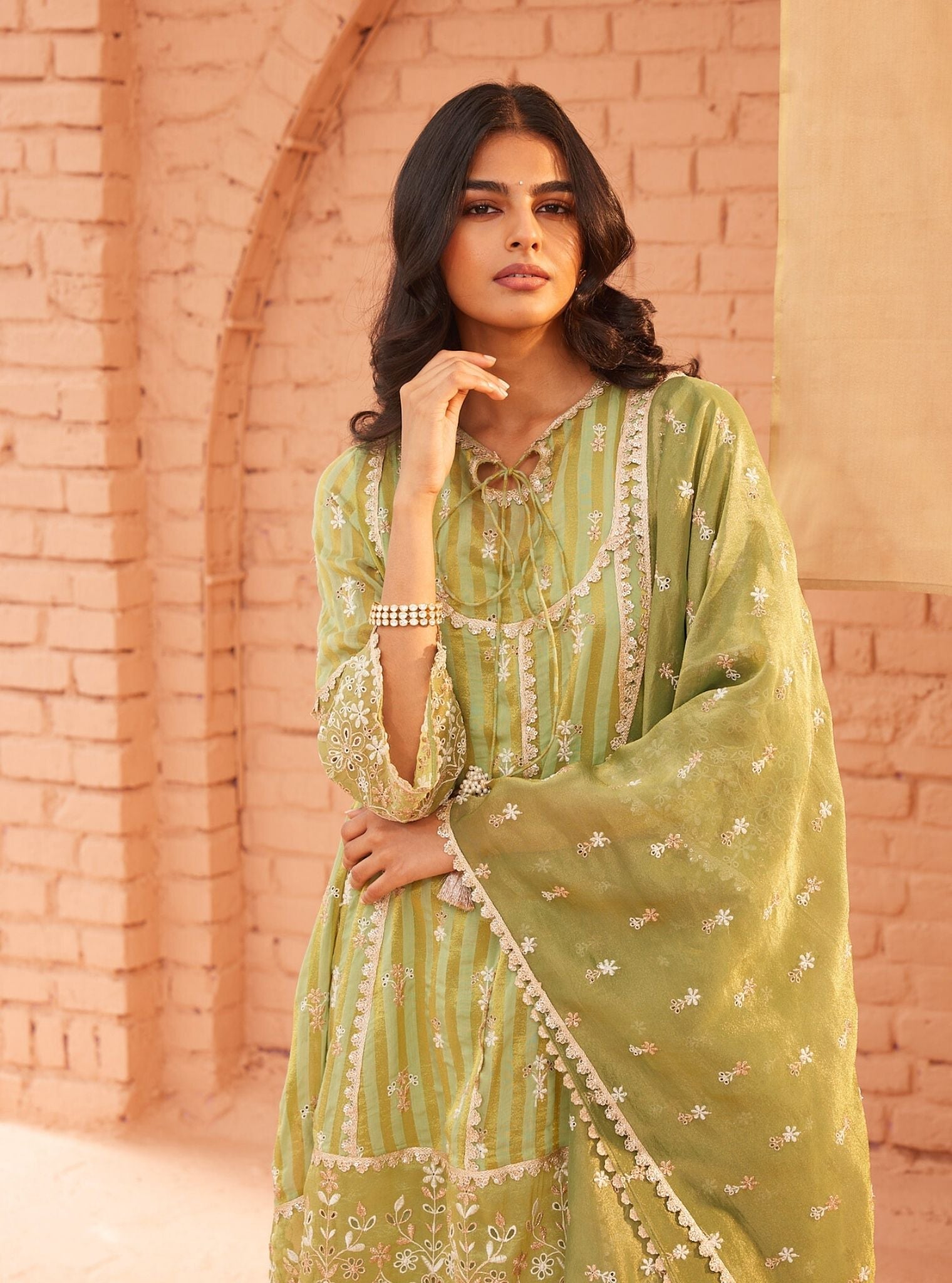 Mulmul Banarsi Bridget Green Anarkali Kurta With Mulmul Cotton Bridget Green Pant