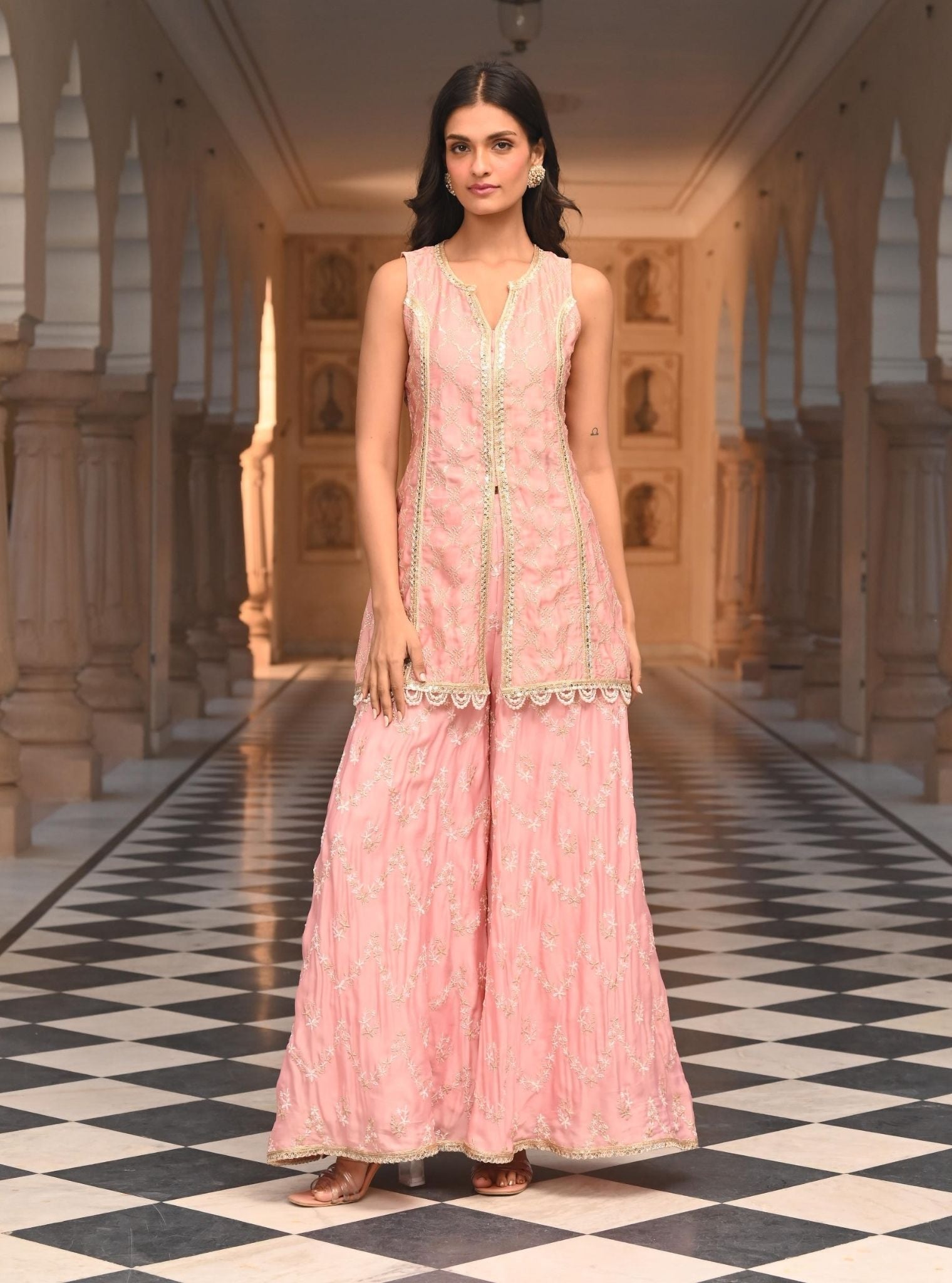 Ainah Organza Satin Light Pink Kurta with Sharara Set