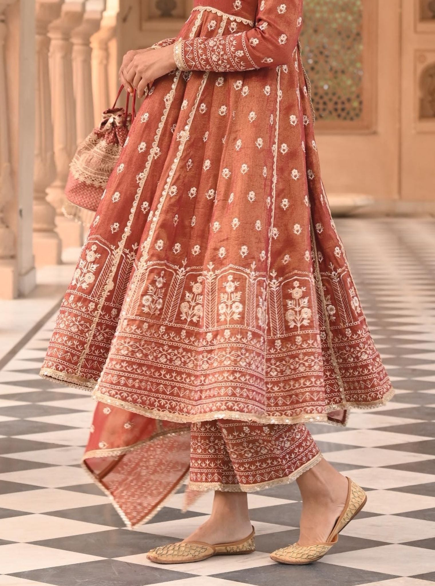 Mulmul Luxe Tissue Satin Mastani Red Anarkali Kurta with Mulmul Tissue Satin Mastani Red Pant