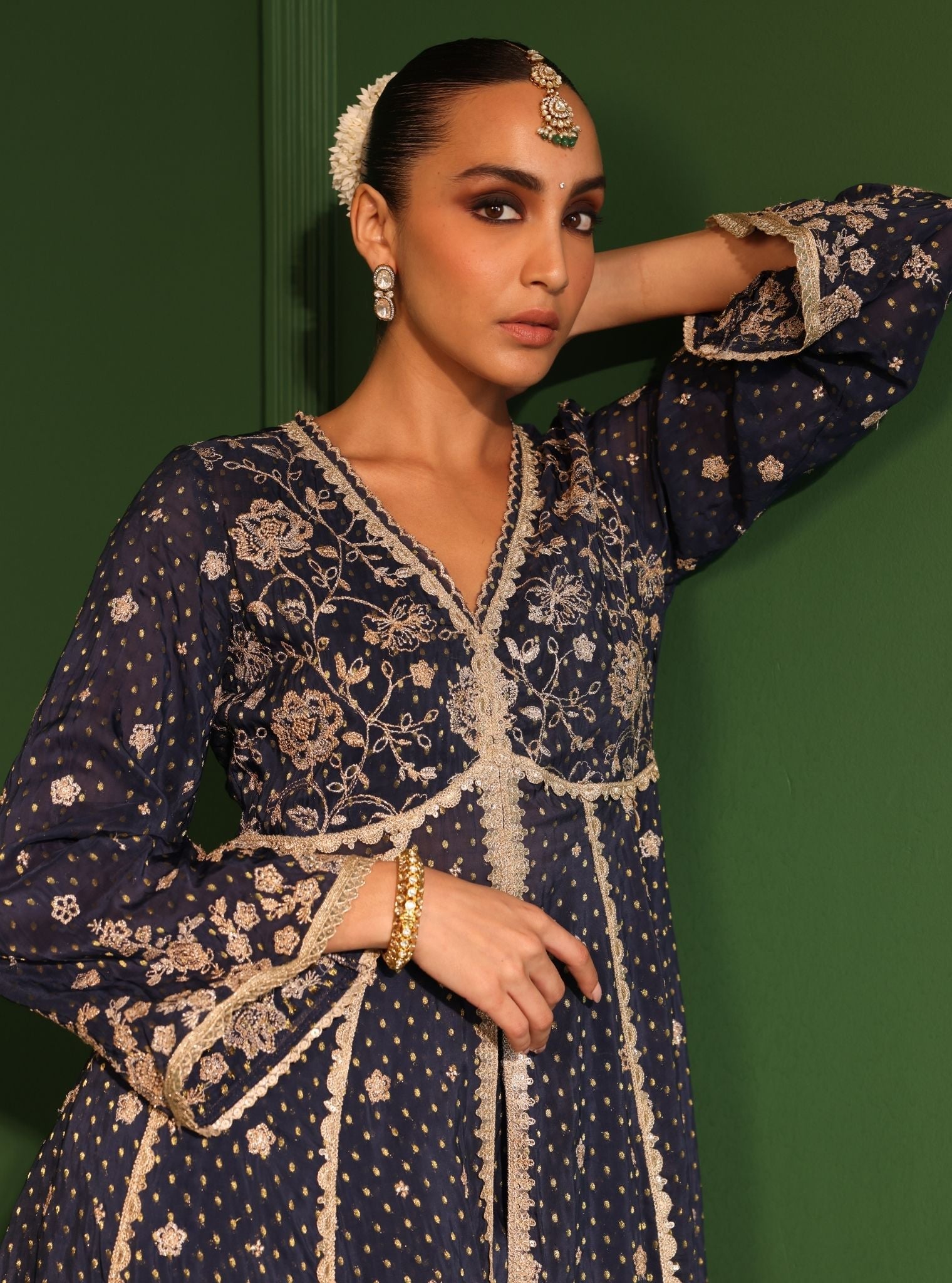 Mulmul Banarsi Rangeela Navy Anarkali Kurta With Mulmul Banarsi Rangeela Navy Pant