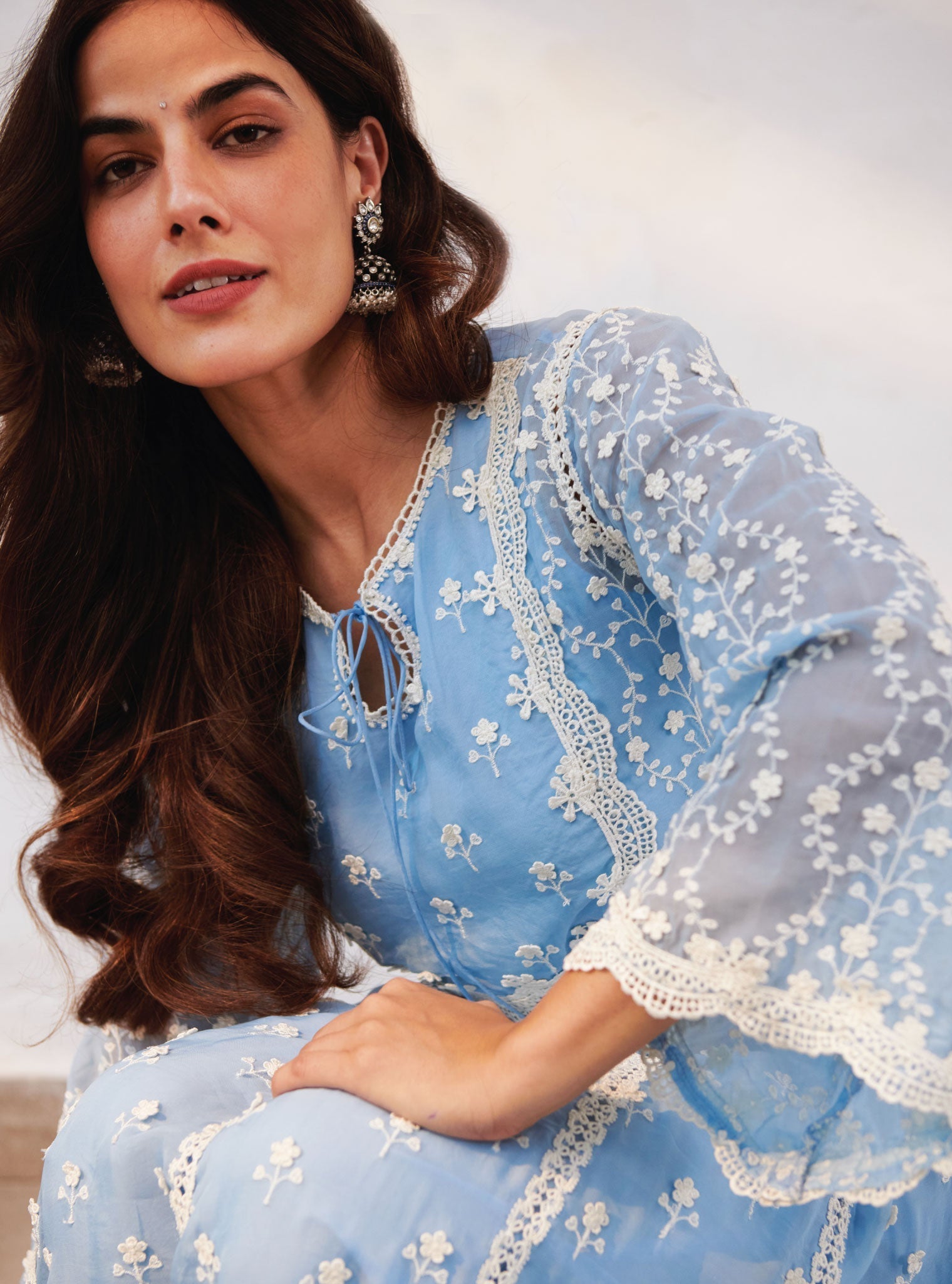 Mulmul Organza Sussex Blue Anarkali Kurta With Cotton Sussex Blue Pant