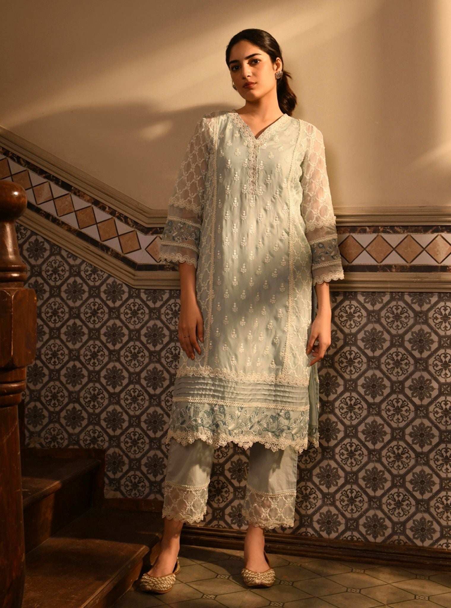 Mulmul Organza Cyra Light Blue Kurta With Mulmul Cotton Cyra Light Blue Pant