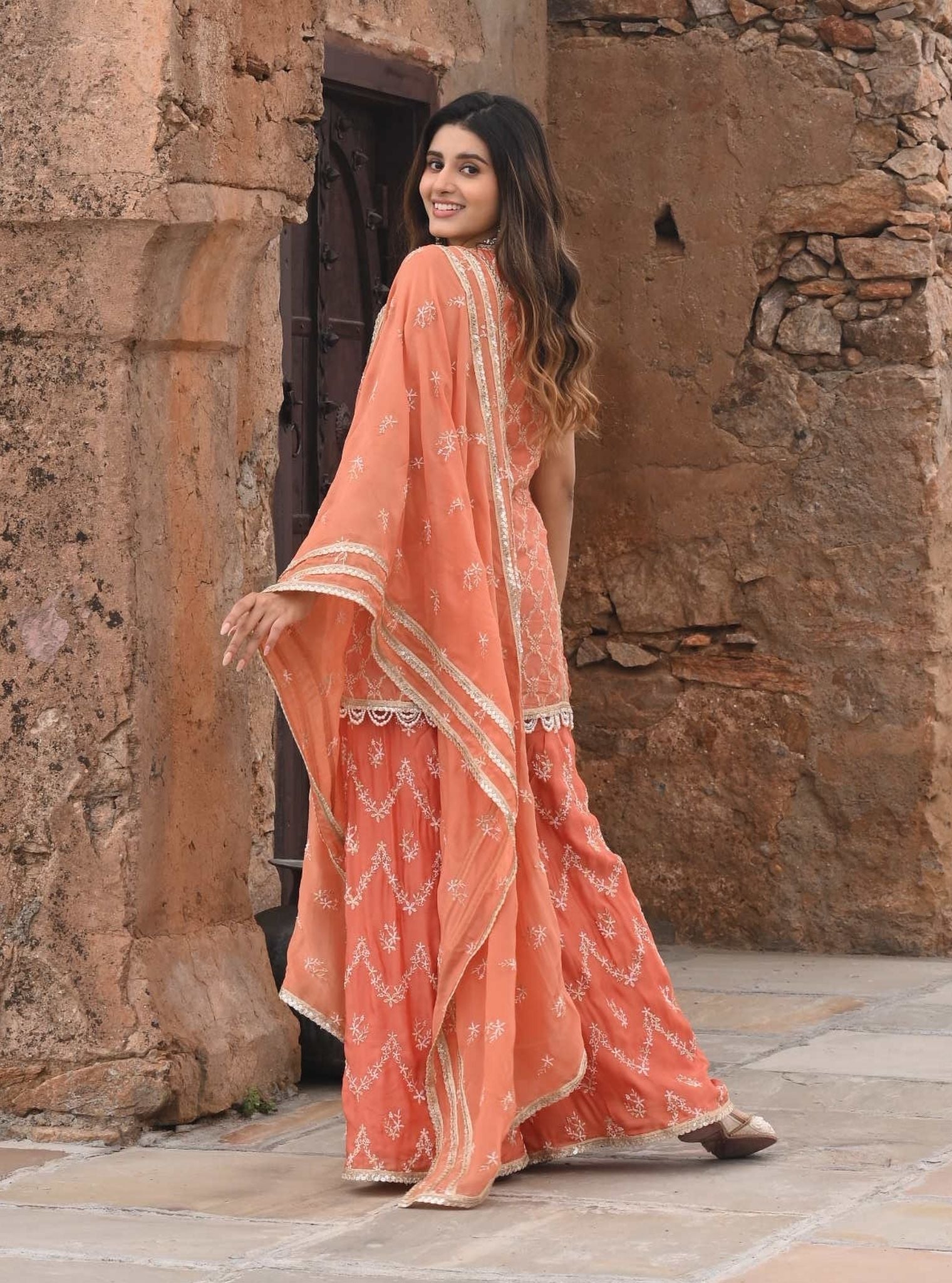 Ainah Organza Satin Burnt Orange Kurta with Sharara Set