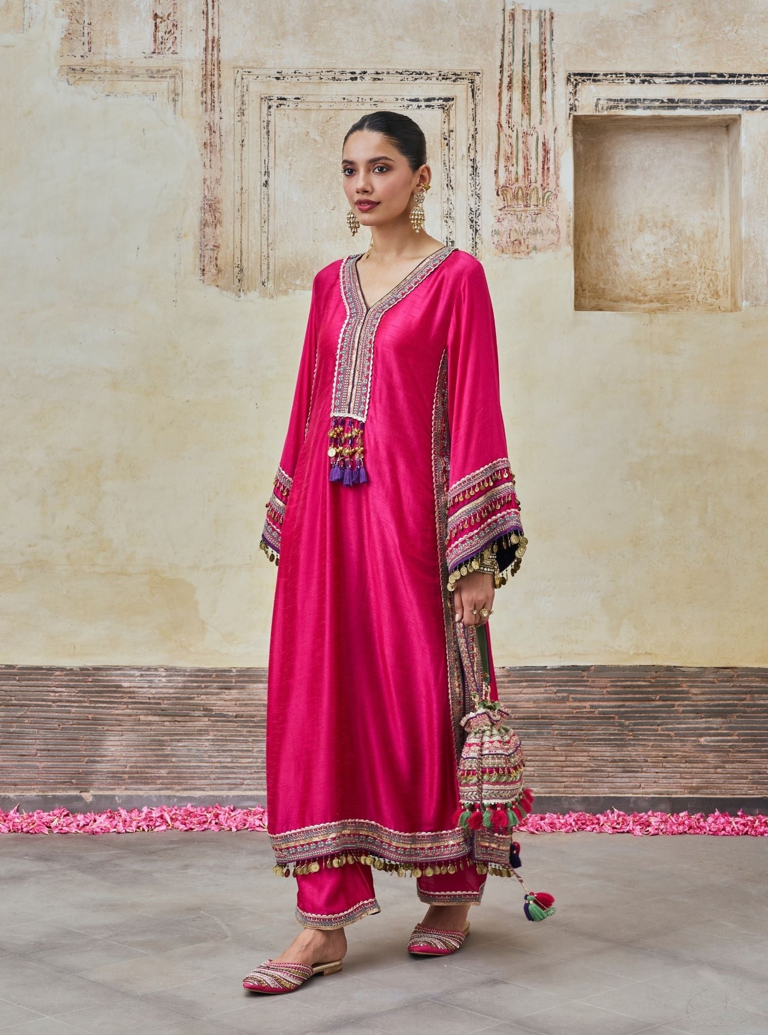 Shaabni Bemberg Raw Silk Fuchsia Kaftan Set