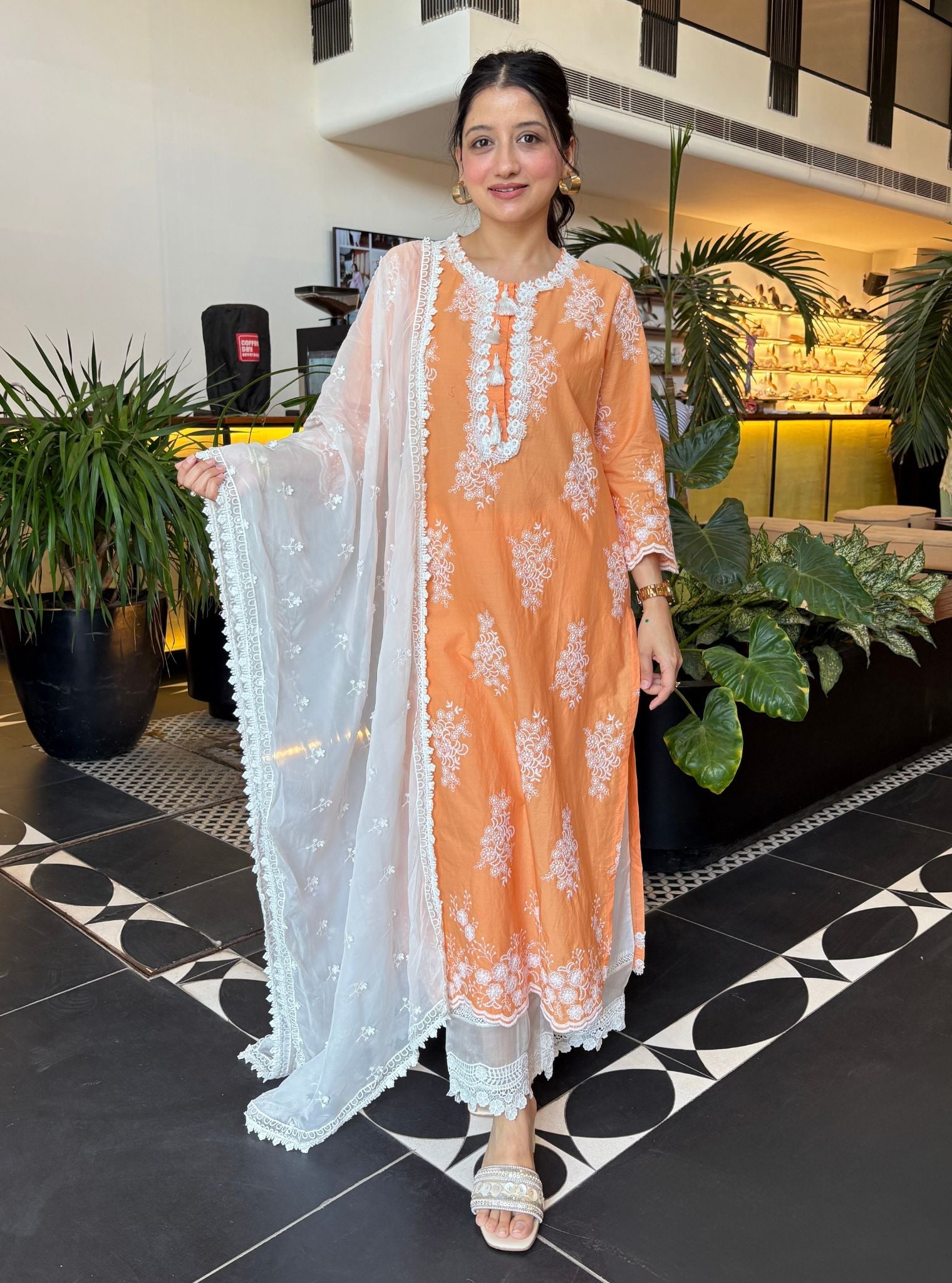 Perla Supima Cotton Orange Kurta with Floral Lace Flared White Pant Set