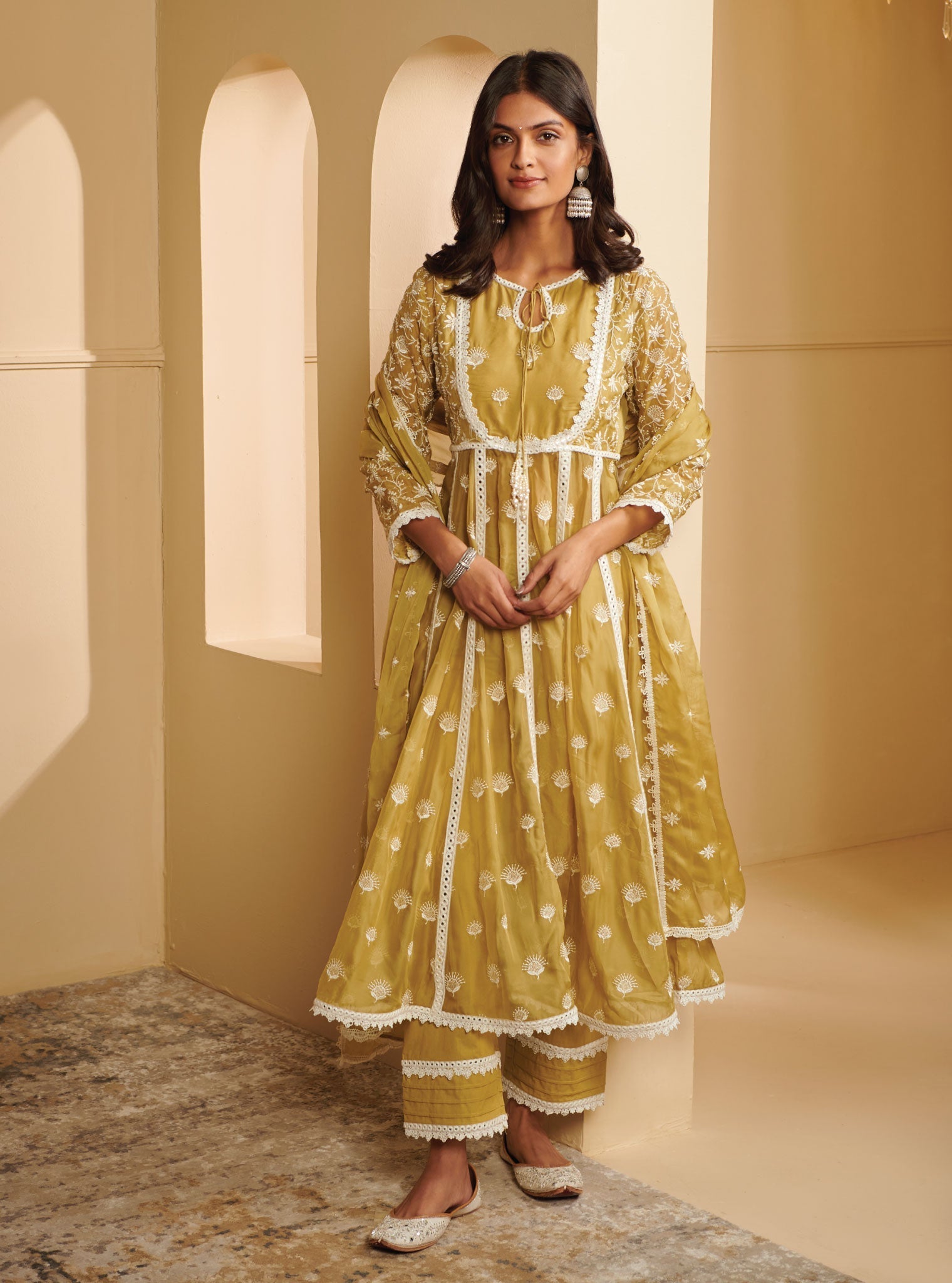 Mulmul Organza Prasatti Anarkali Green Kurta With Mulmul Pima Satin Prasatti Green pant