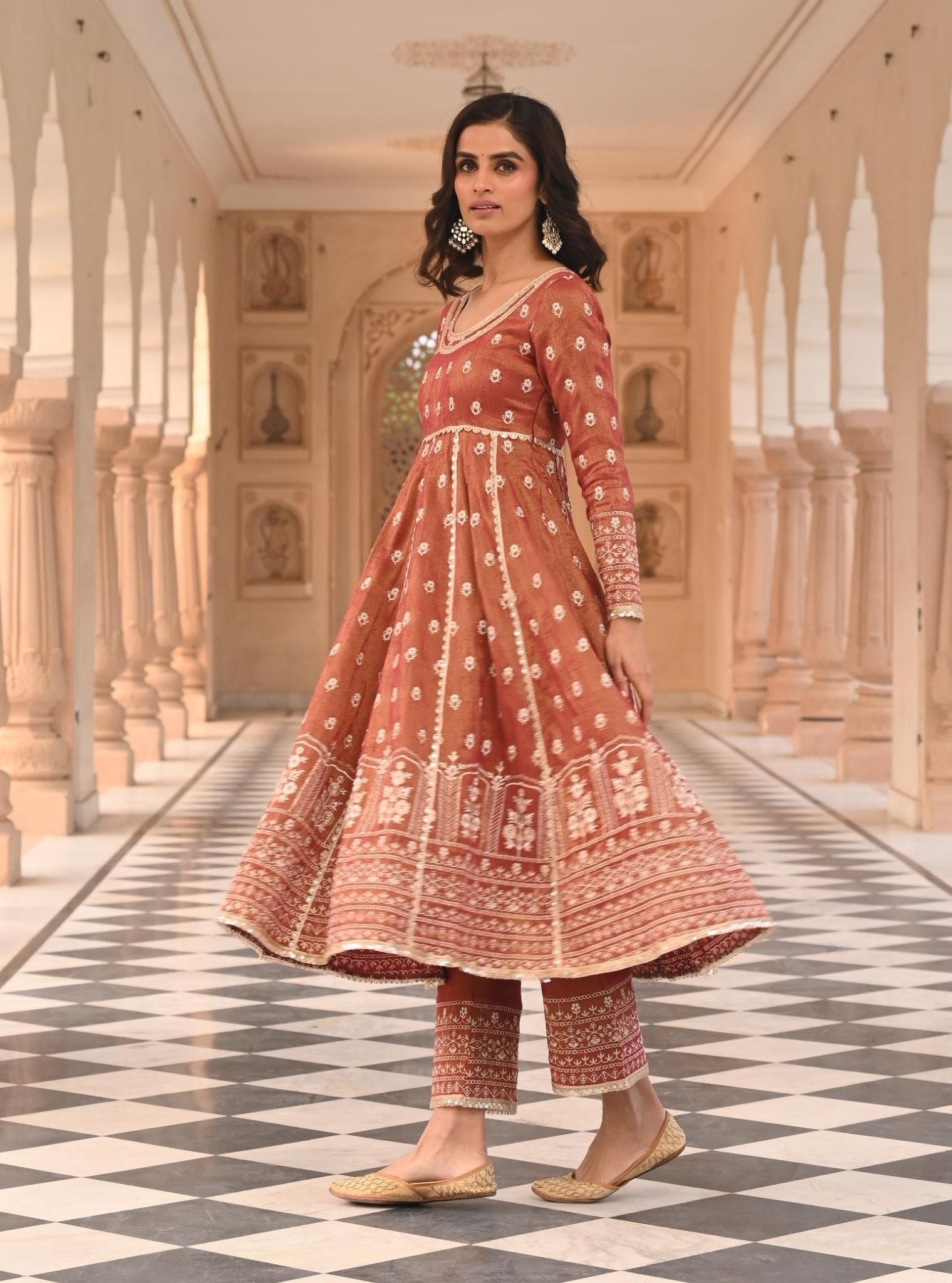 Mulmul Luxe Tissue Satin Mastani Red Anarkali Kurta with Mulmul Tissue Satin Mastani Red Pant