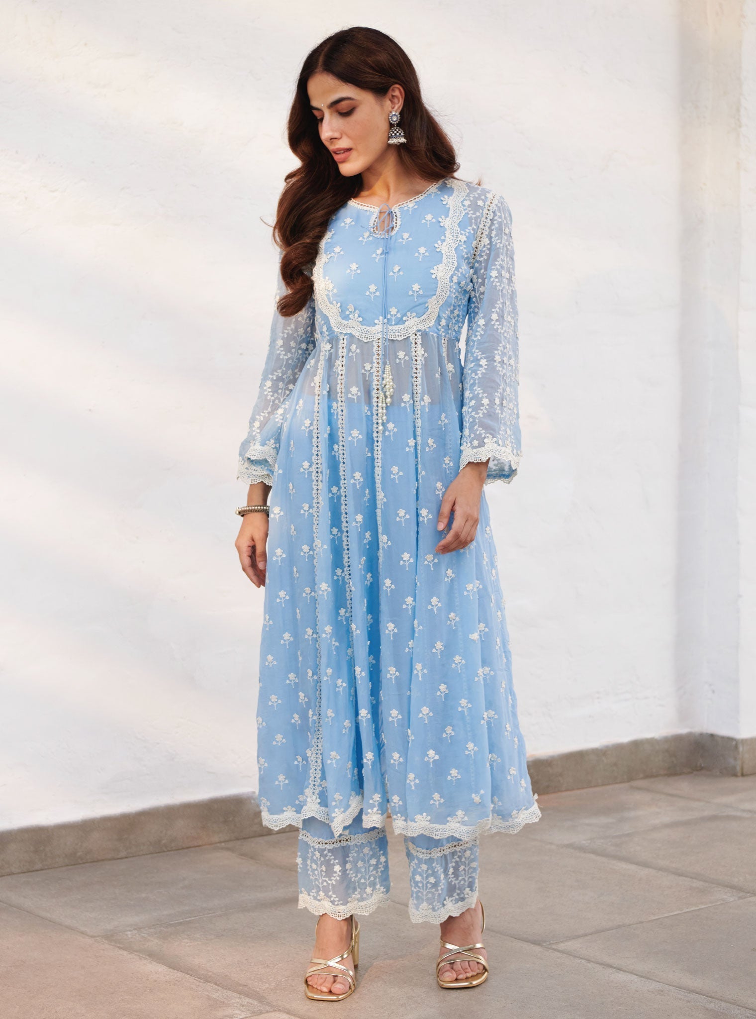 Mulmul Organza Sussex Blue Anarkali Kurta With Cotton Sussex Blue Pant