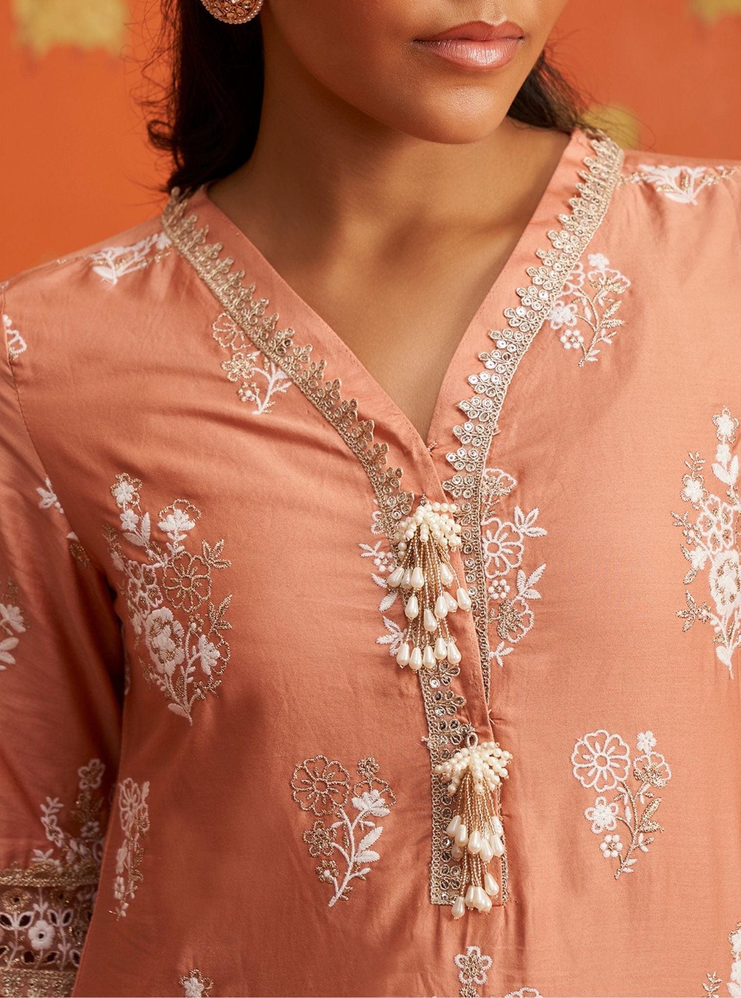 Mulmul Pima Satin Nalin Peach Kurta With Mulmul Pima Satin Nalin Peach Pant