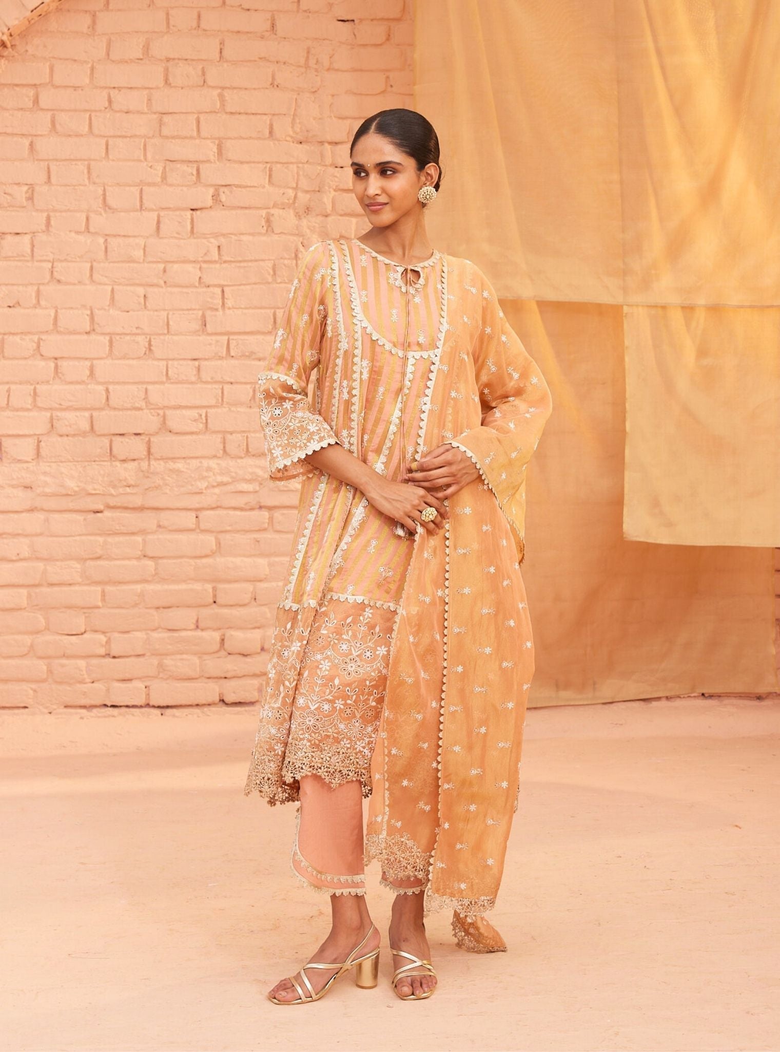 Mulmul Banarsi Bridget Peach Anarkali Kurta With Mulmul Cotton Bridget Peach Pant