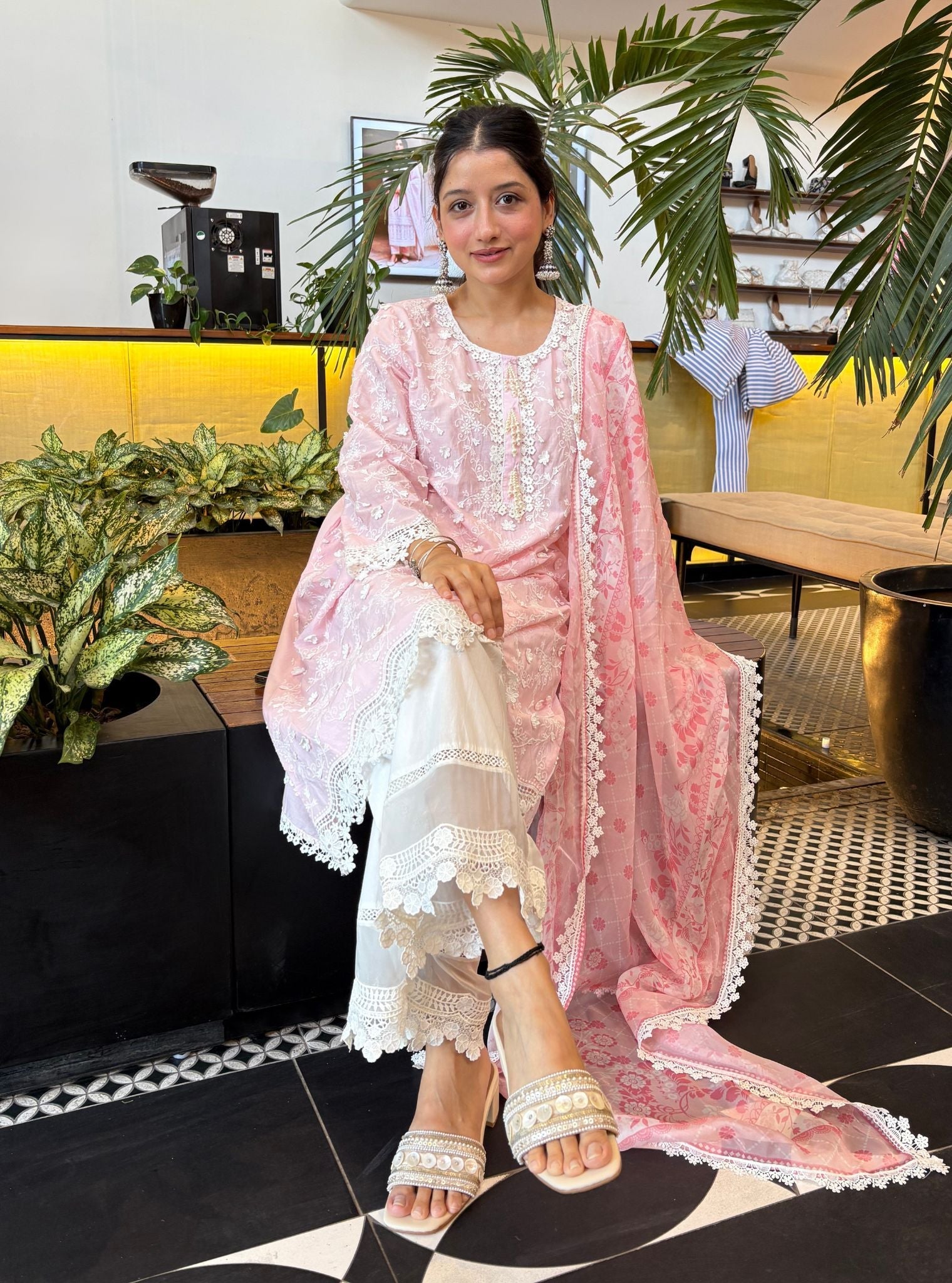 BayBreeze Supima Cotton Pink Kurta with Floral Lace Flared White Pant Set