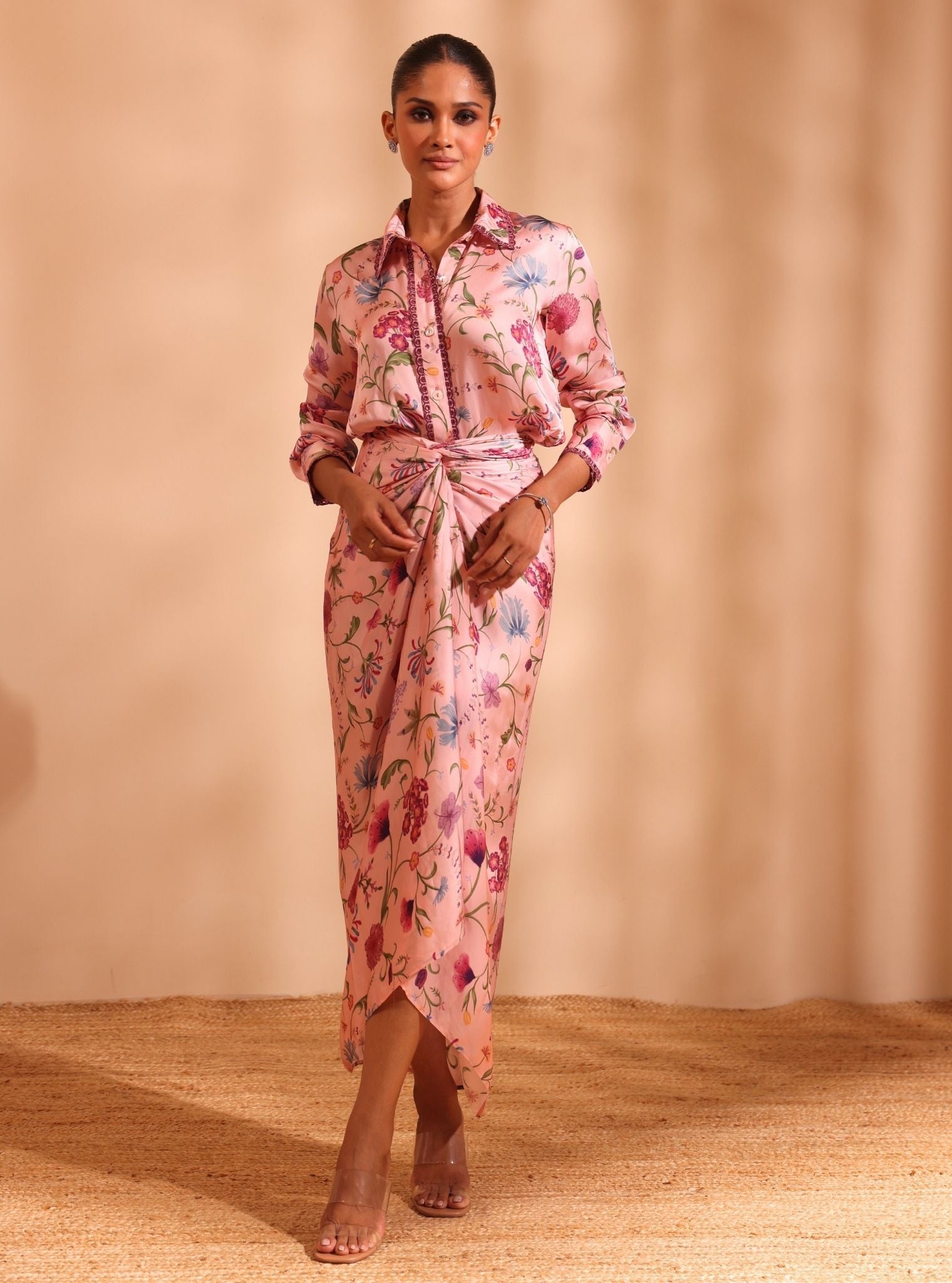 Hasi Cupro Satin Printed Pink Co-ord Set