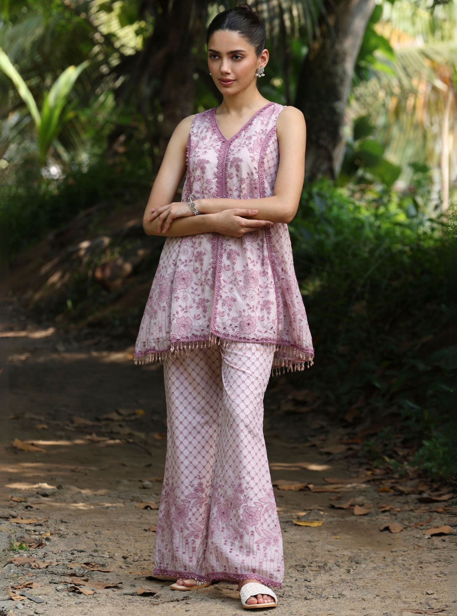 Mulmul Organza Nithara Dusty Pink Top With Mulmul Organza Nithara Dusty Pink Pant