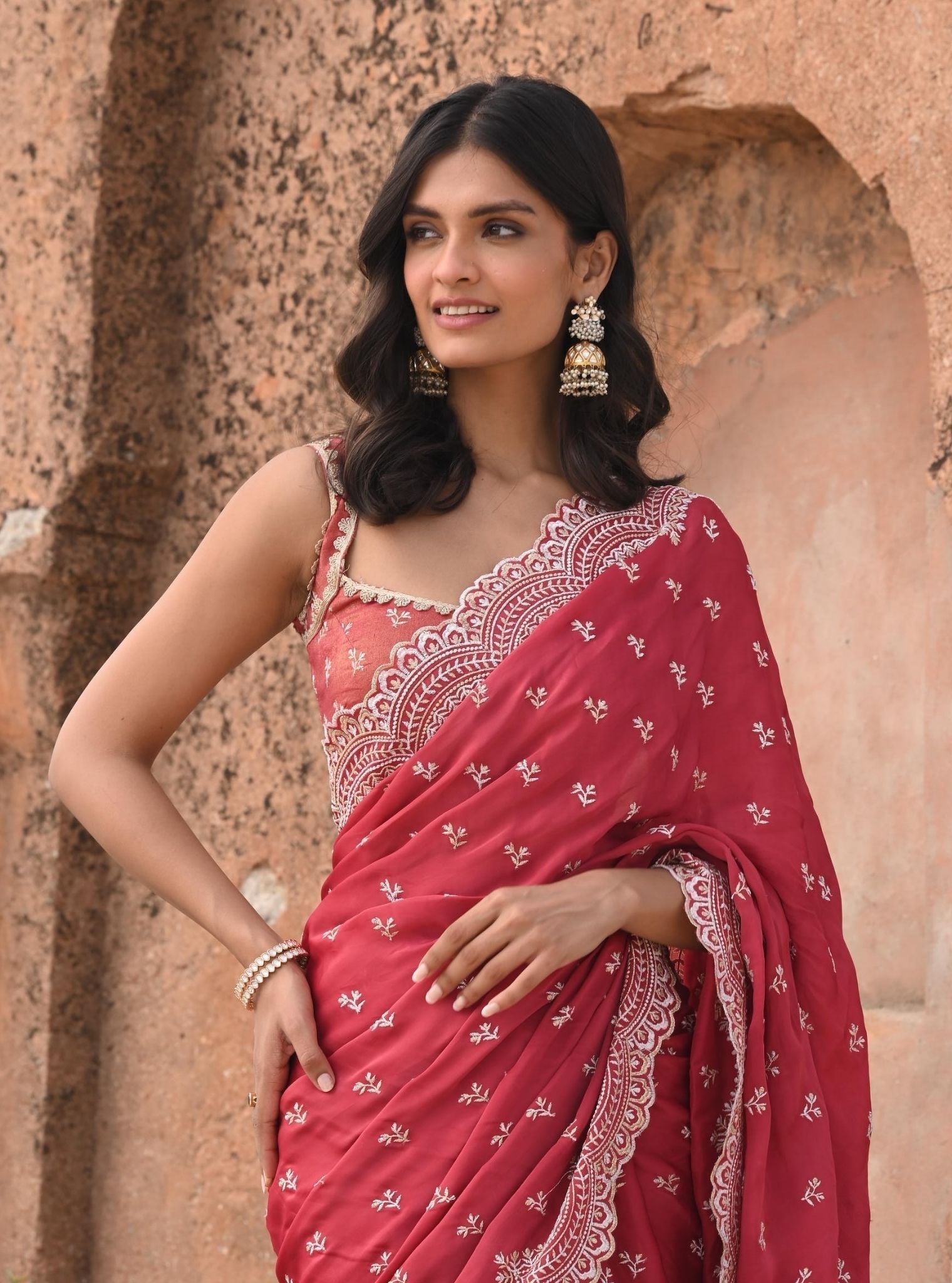 Bindiya Organza Satin Red Saree