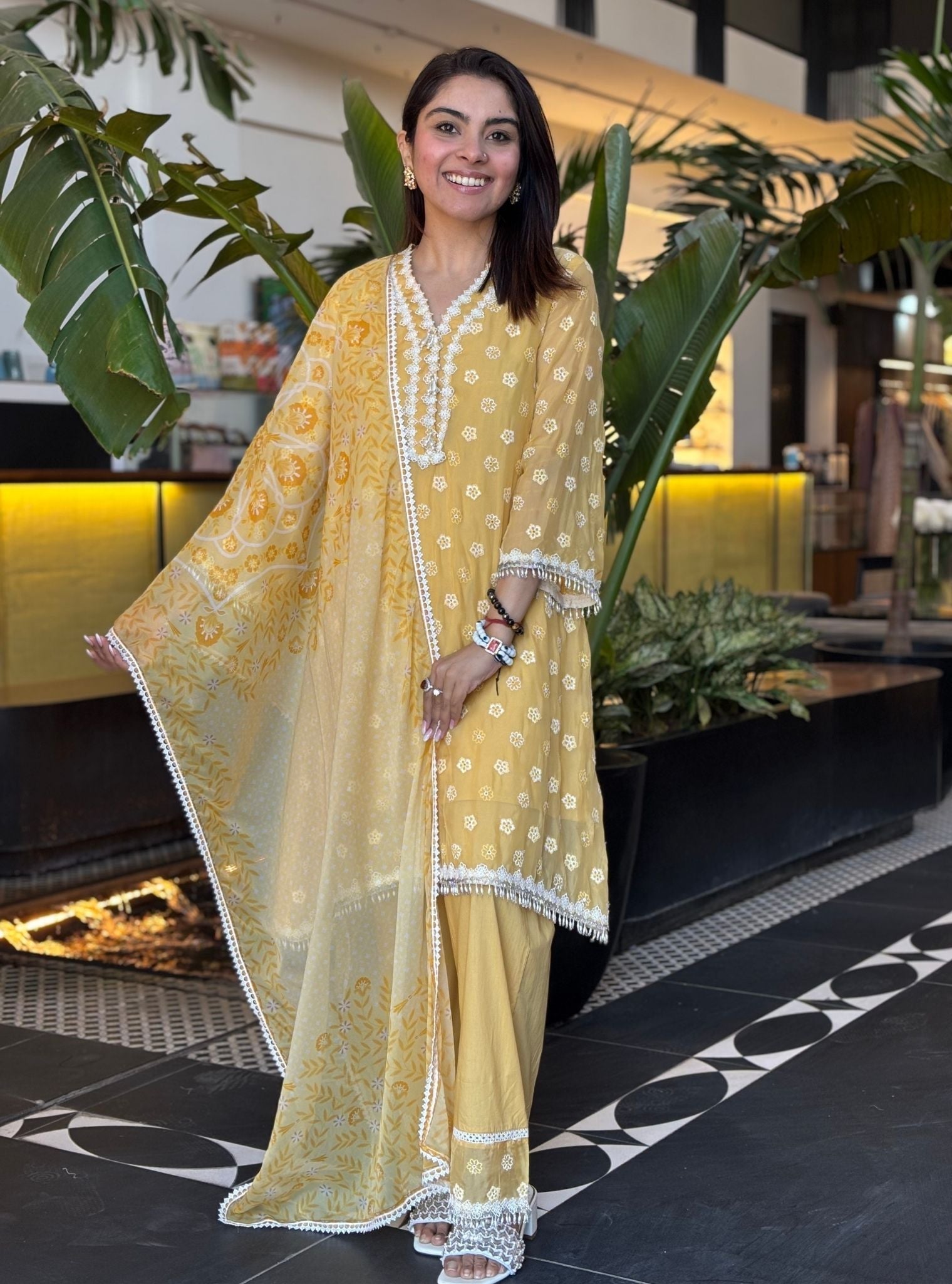 Mulmul Organza Hariette Yellow Kurta With Mulmul Cotton Hariette Yellow Pant