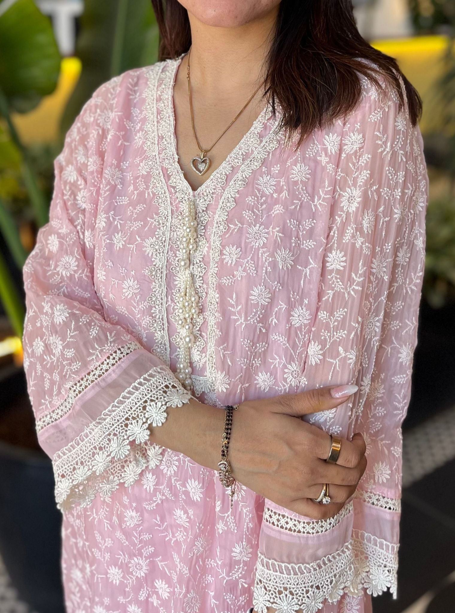 Mulmul Organza Ally Pink Kurta With Mulmul Cotton Ally Pink Pant