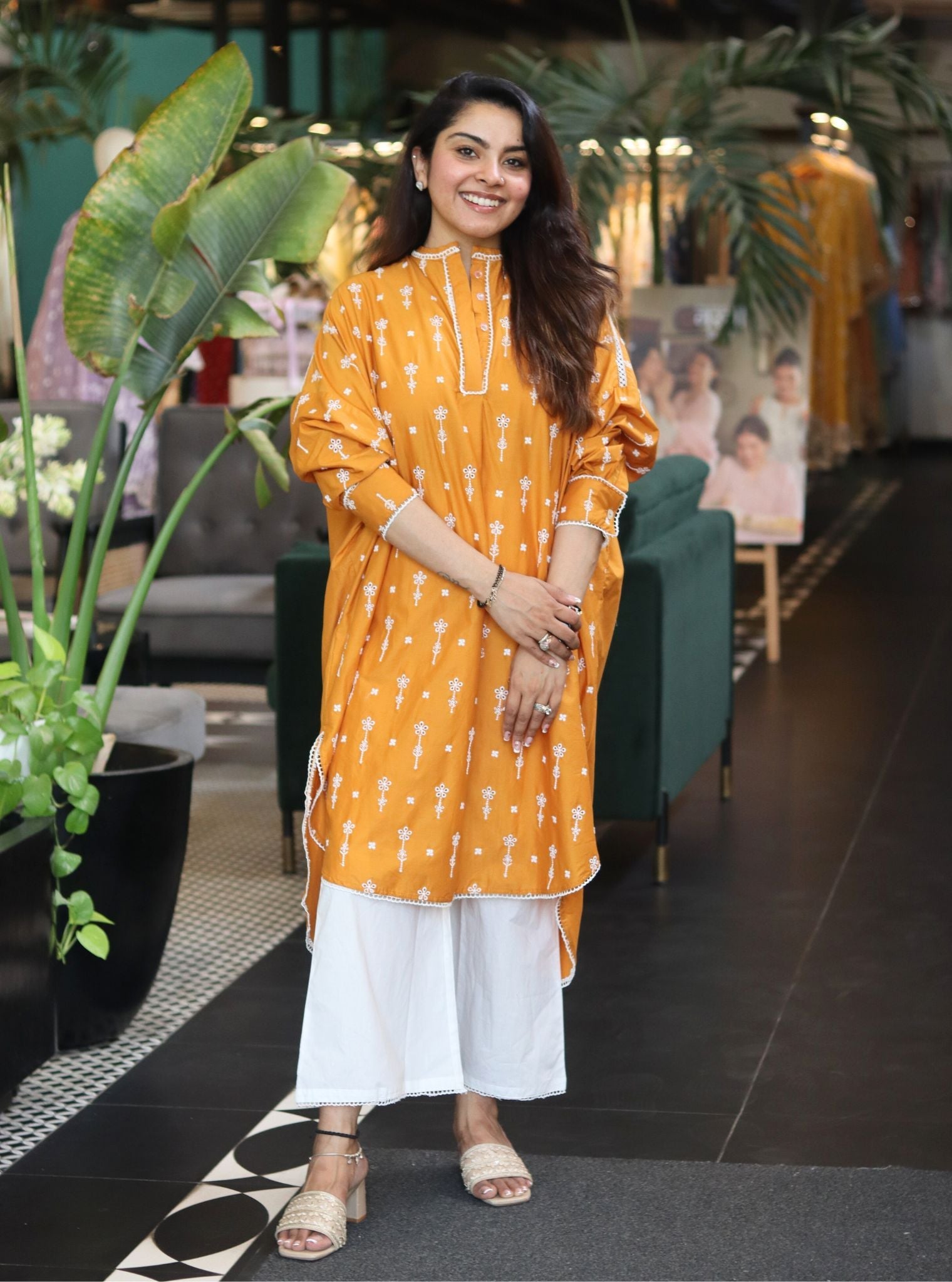 Mulmul Cotton Oriana Orange Kurta With Mulmul Cotton Oriana White Pant