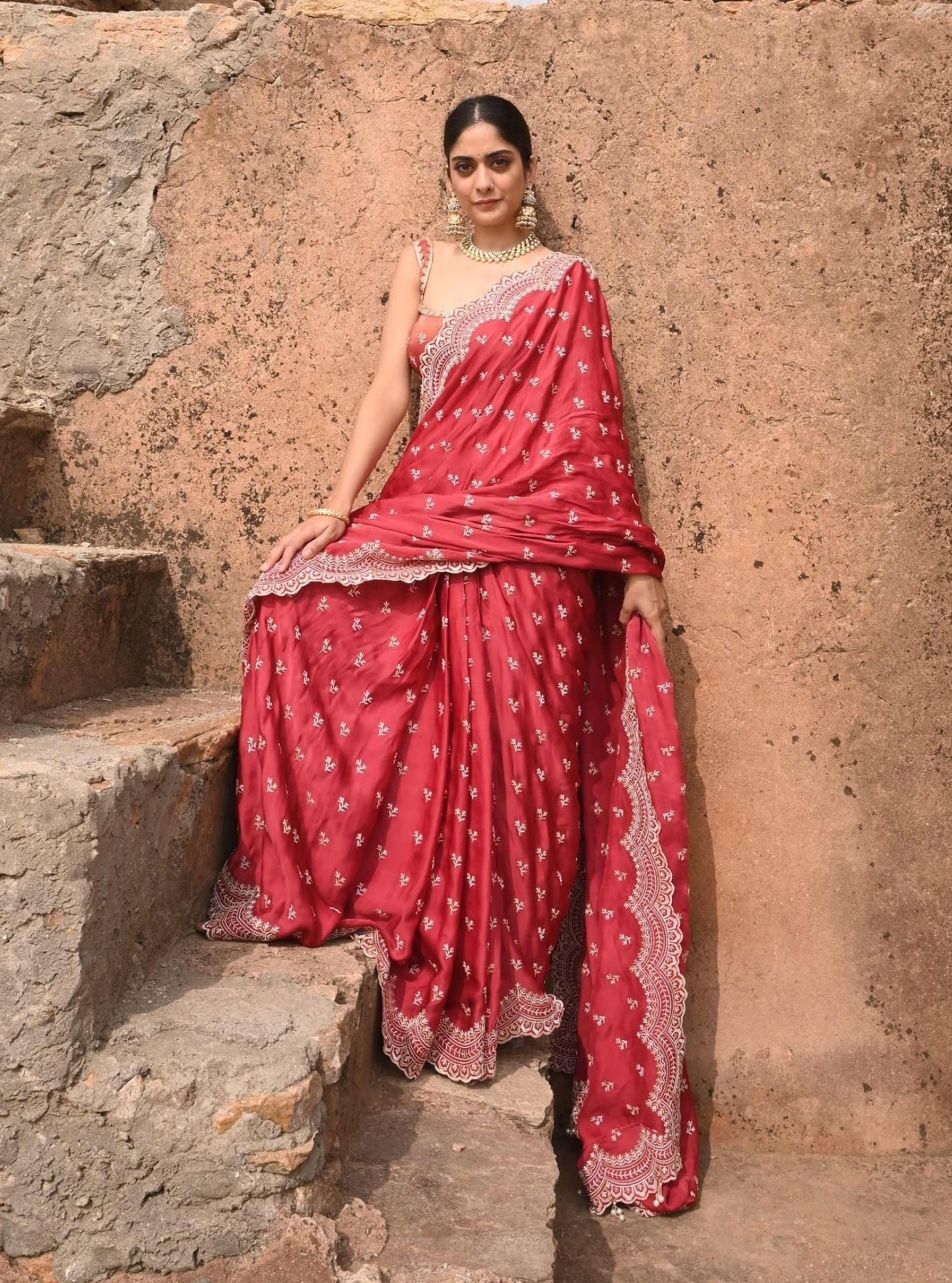 Mulmul Organza Satin Bindiya Red Saree