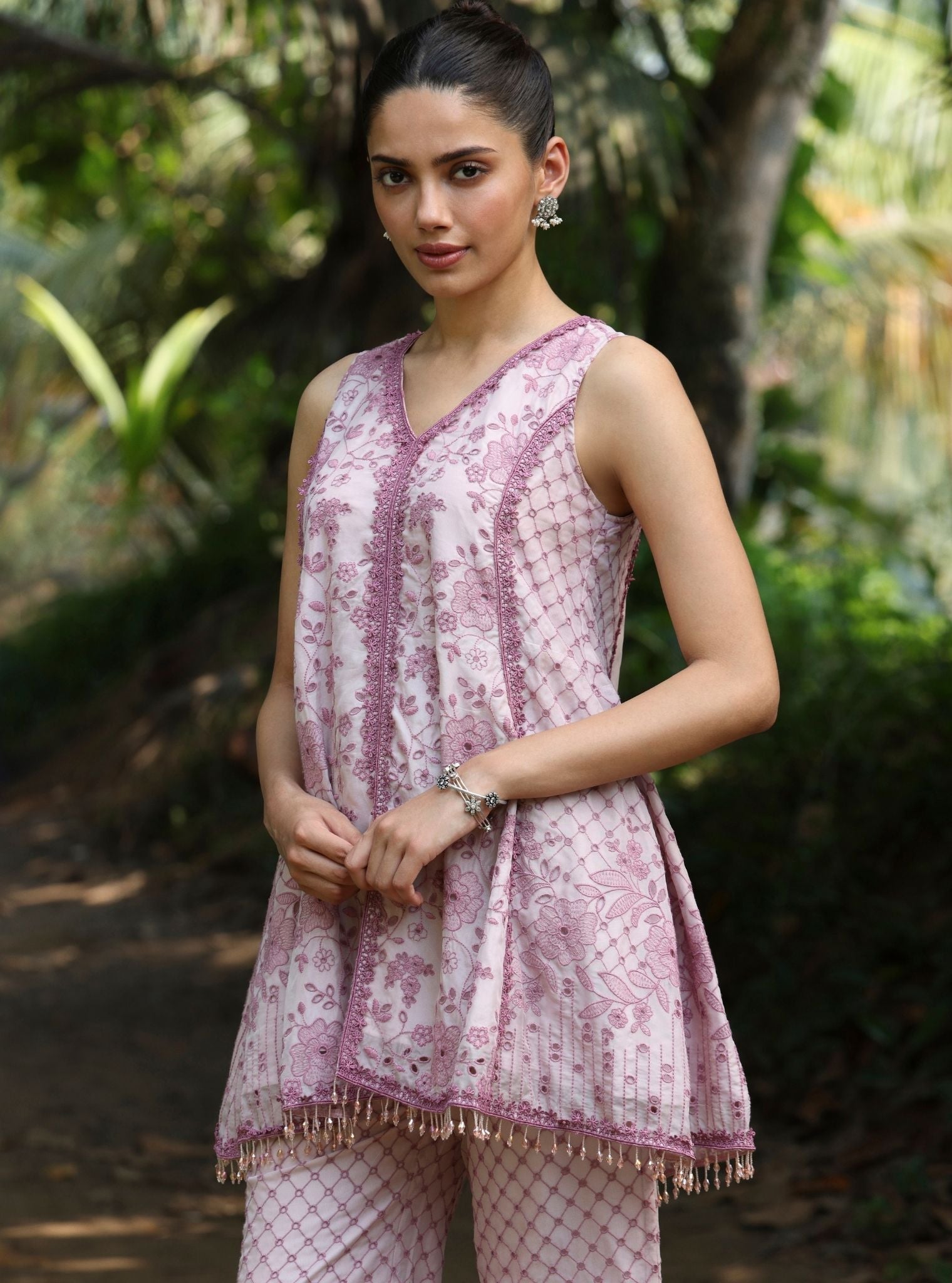 Mulmul Organza Nithara Dusty Pink Top With Mulmul Organza Nithara Dusty Pink Pant