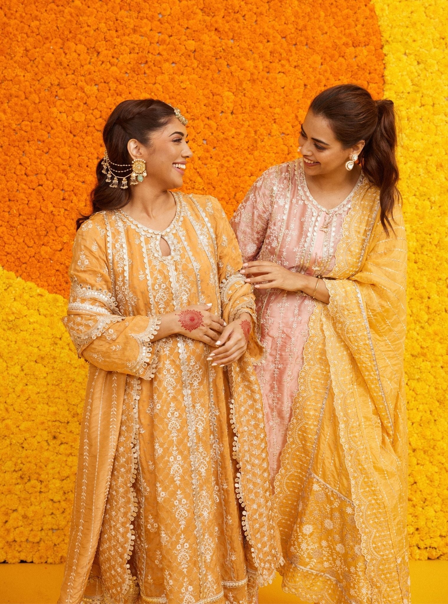 Mulmul Banarsi Chalka Mustard Anarkali Kurta With Mulmul Banarsi Chalka Mustard Pant