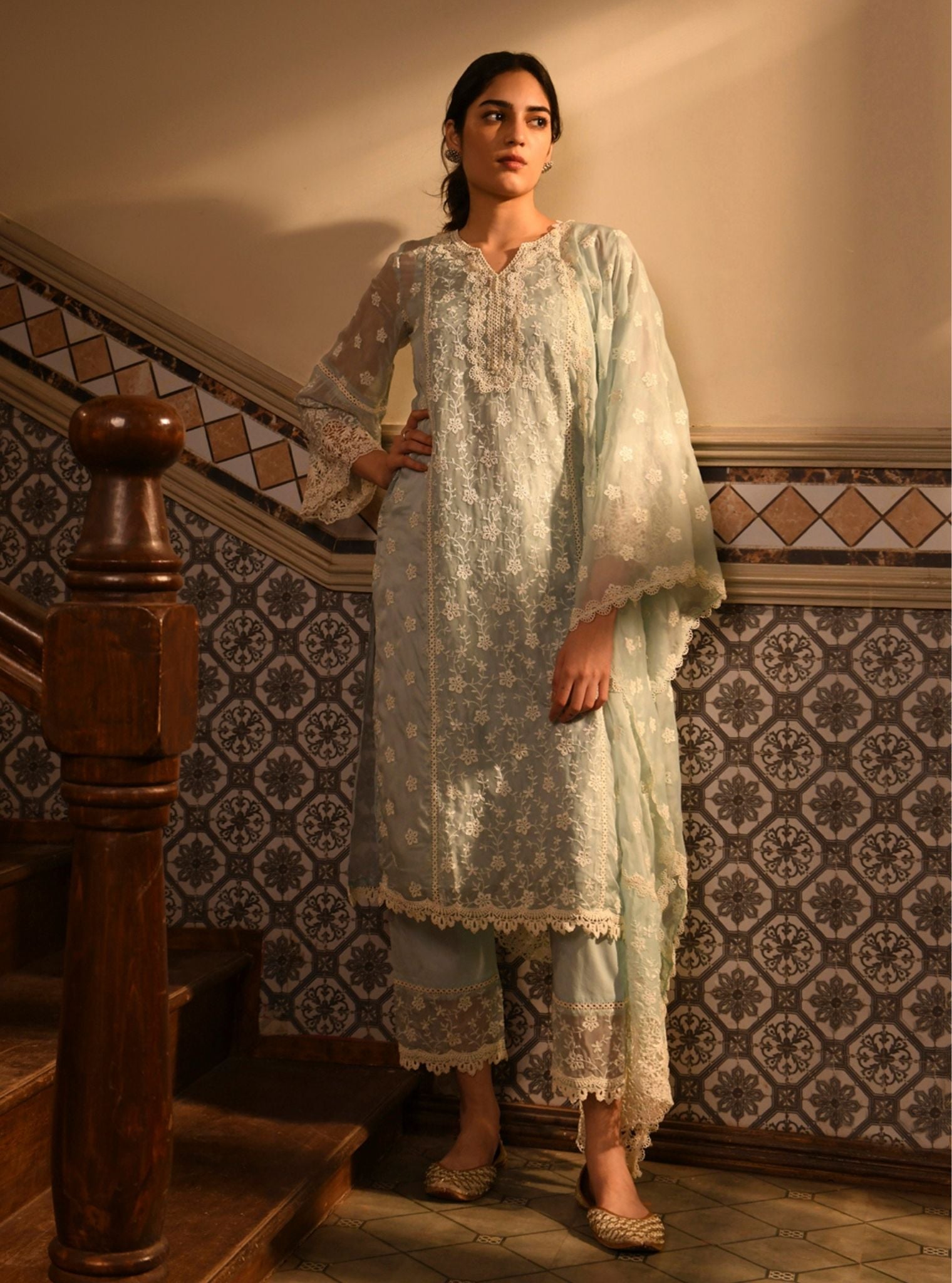 Mulmul Organza Freny Light Blue Kurta With Mulmul Cotton Freny Light Blue Pant