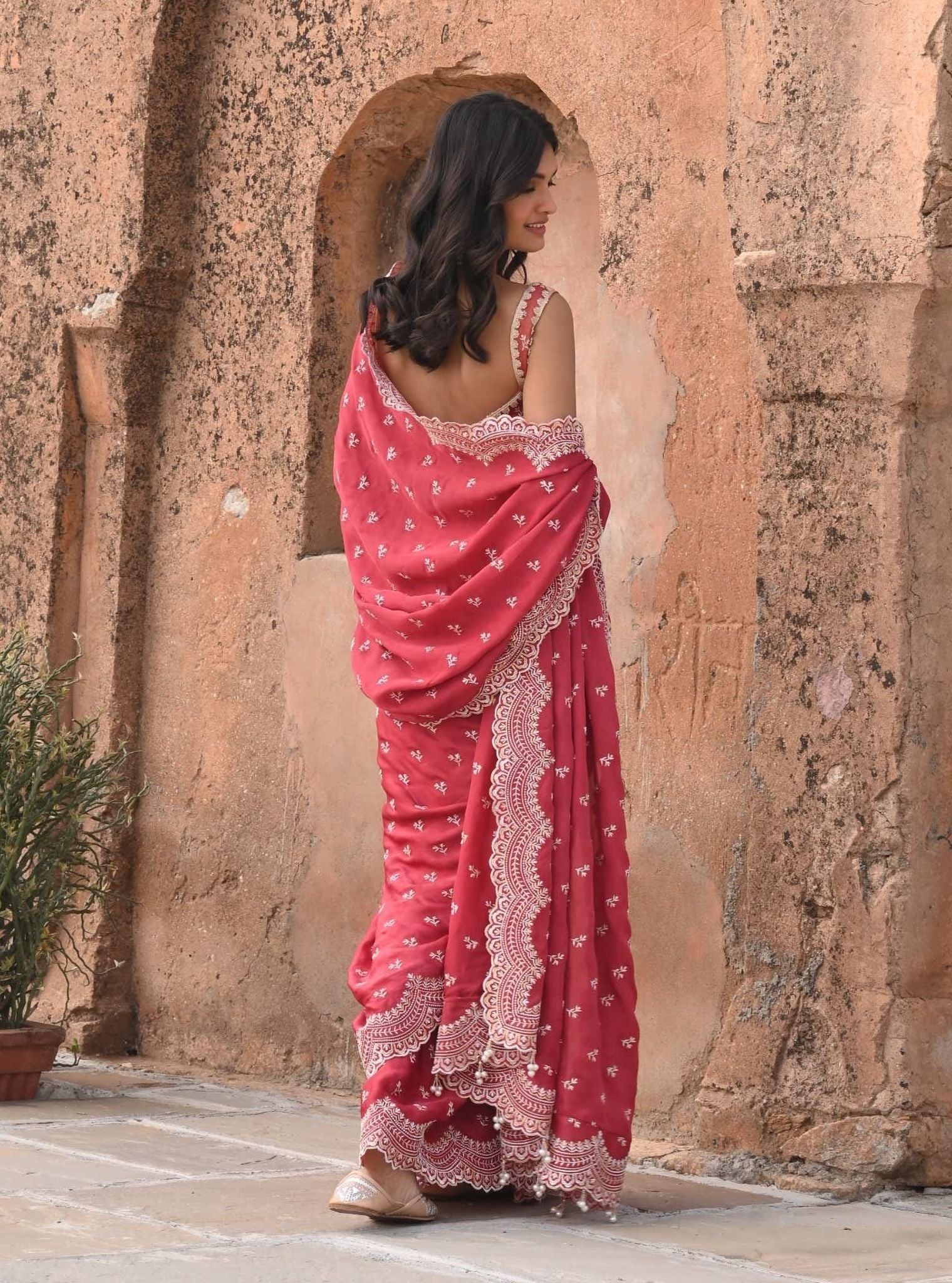 Bindiya Organza Satin Red Saree