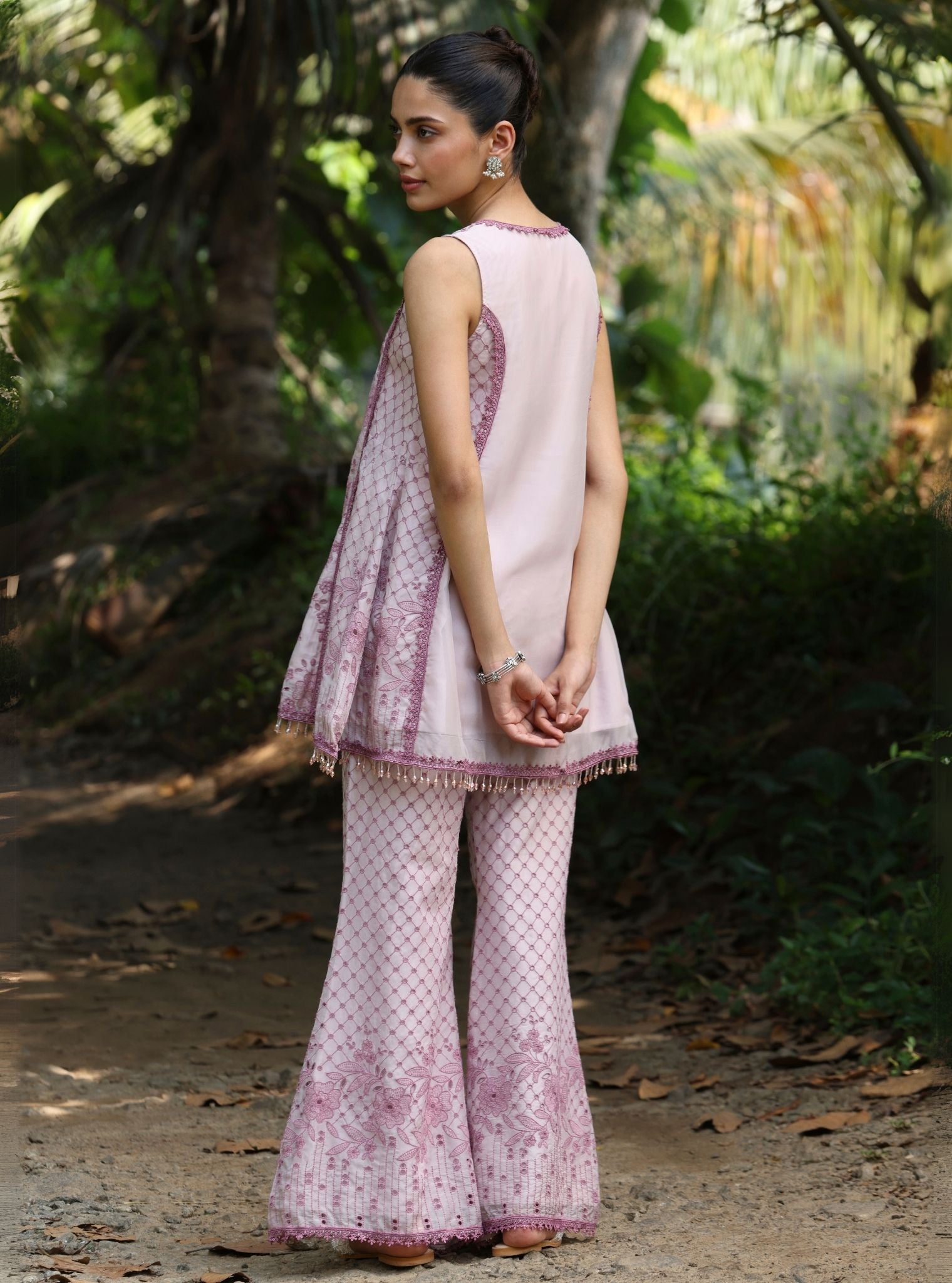 Mulmul Organza Nithara Dusty Pink Top With Mulmul Organza Nithara Dusty Pink Pant