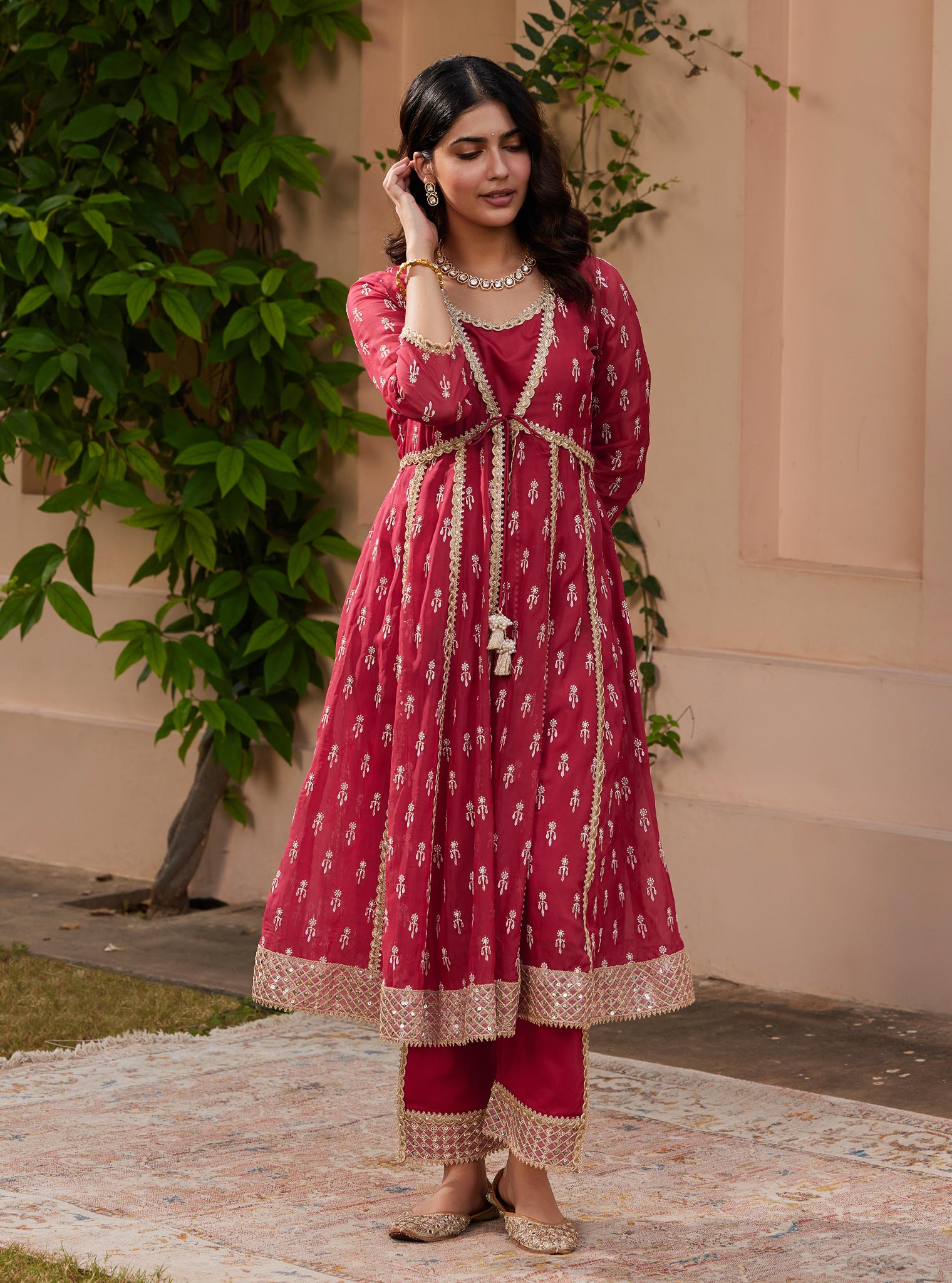 Mulmul Organza Samici Red Anarkali Kurta With Mulmul Pima Samici Red Pant