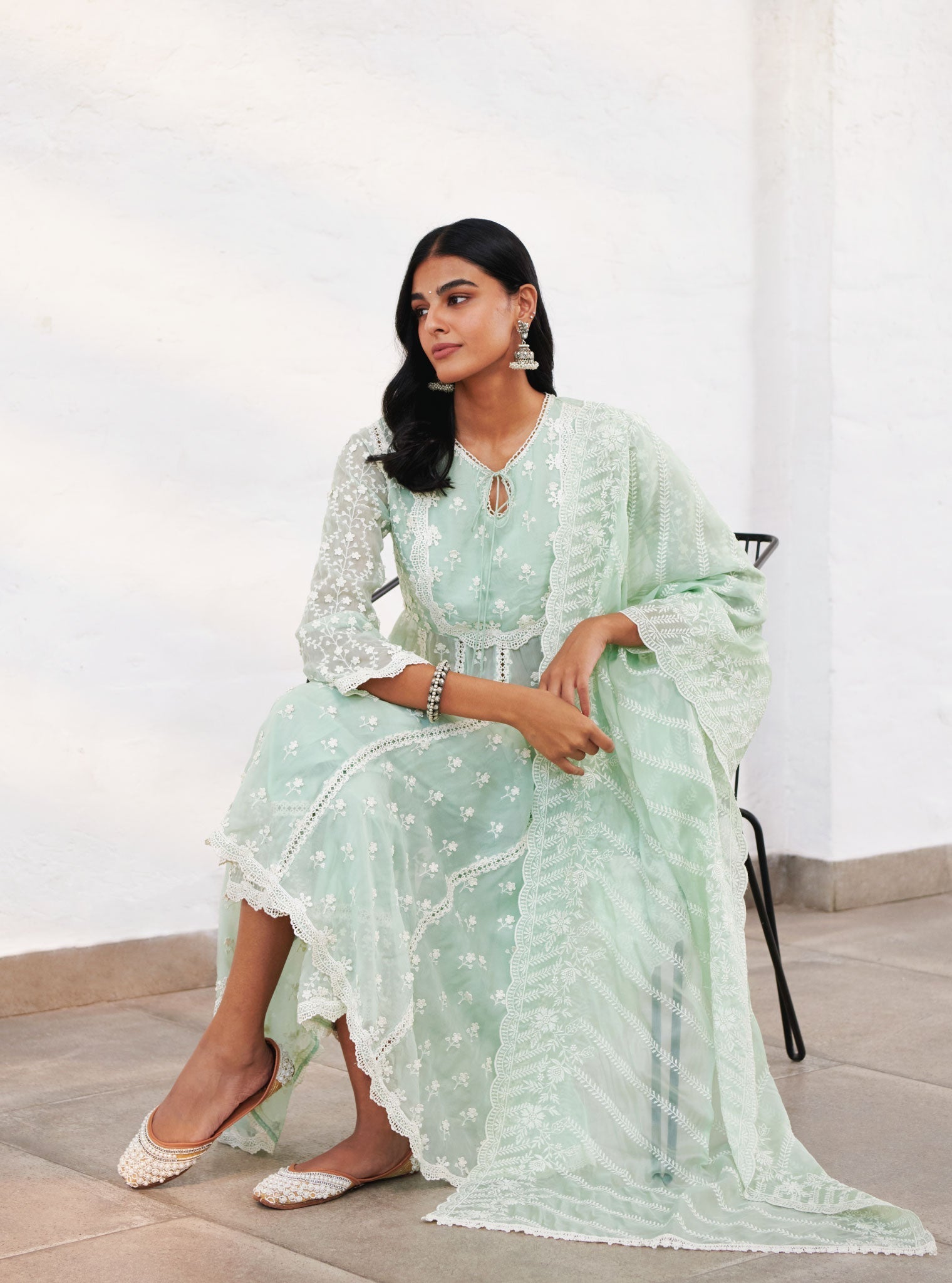 Mulmul Organza Sussex Green Anarkali Kurta With Cotton Sussex Green Pant