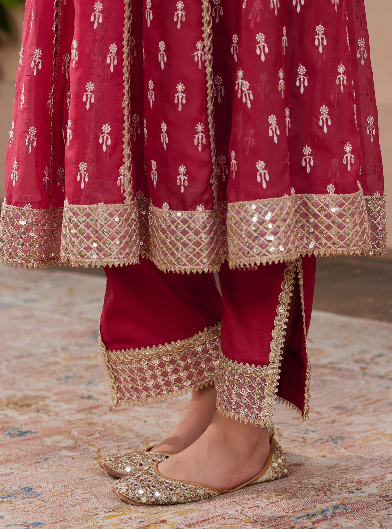 Mulmul Organza Samici Red Anarkali Kurta With Mulmul Pima Samici Red Pant