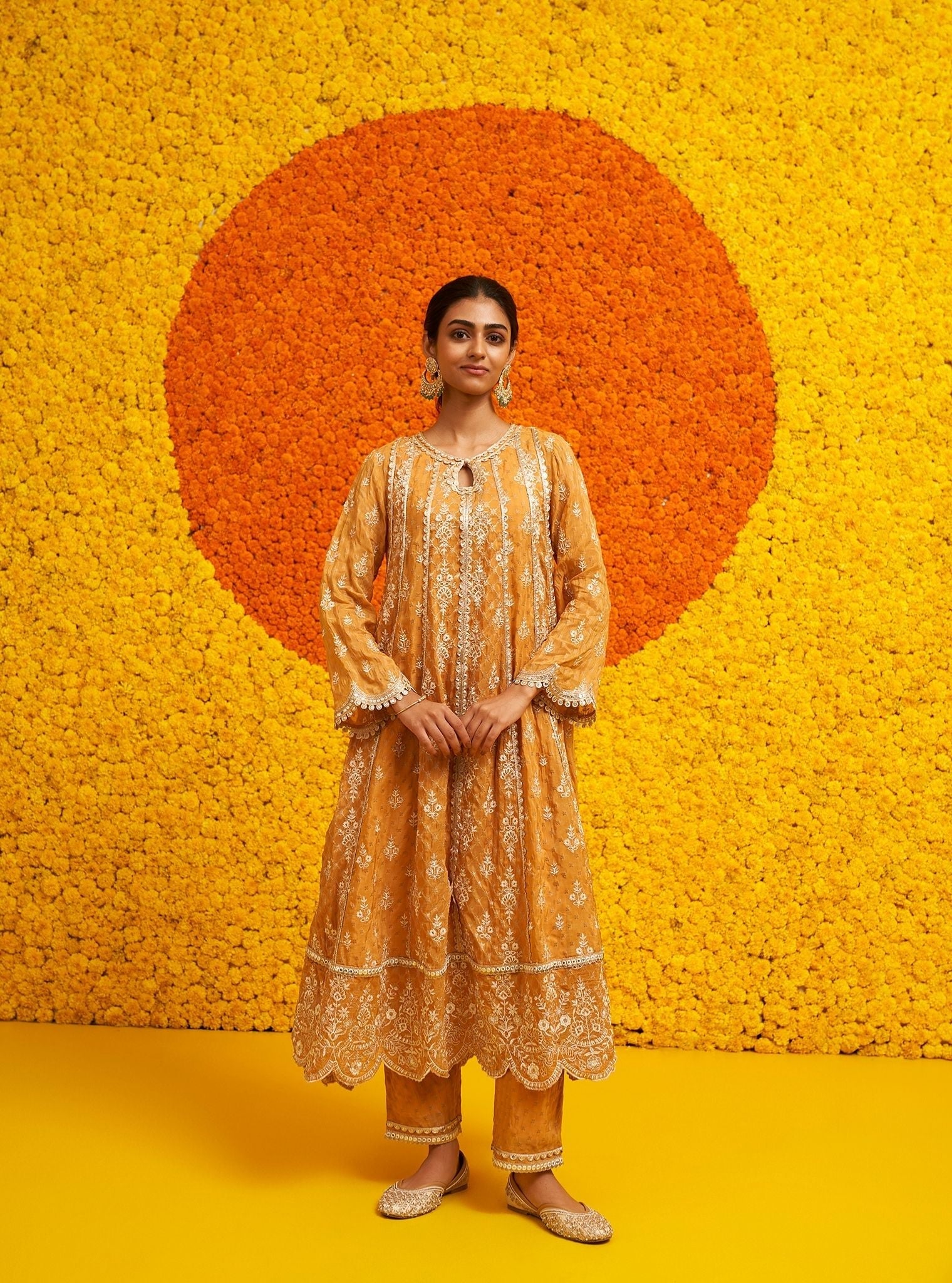 Mulmul Banarsi Chalka Mustard Anarkali Kurta With Mulmul Banarsi Chalka Mustard Pant