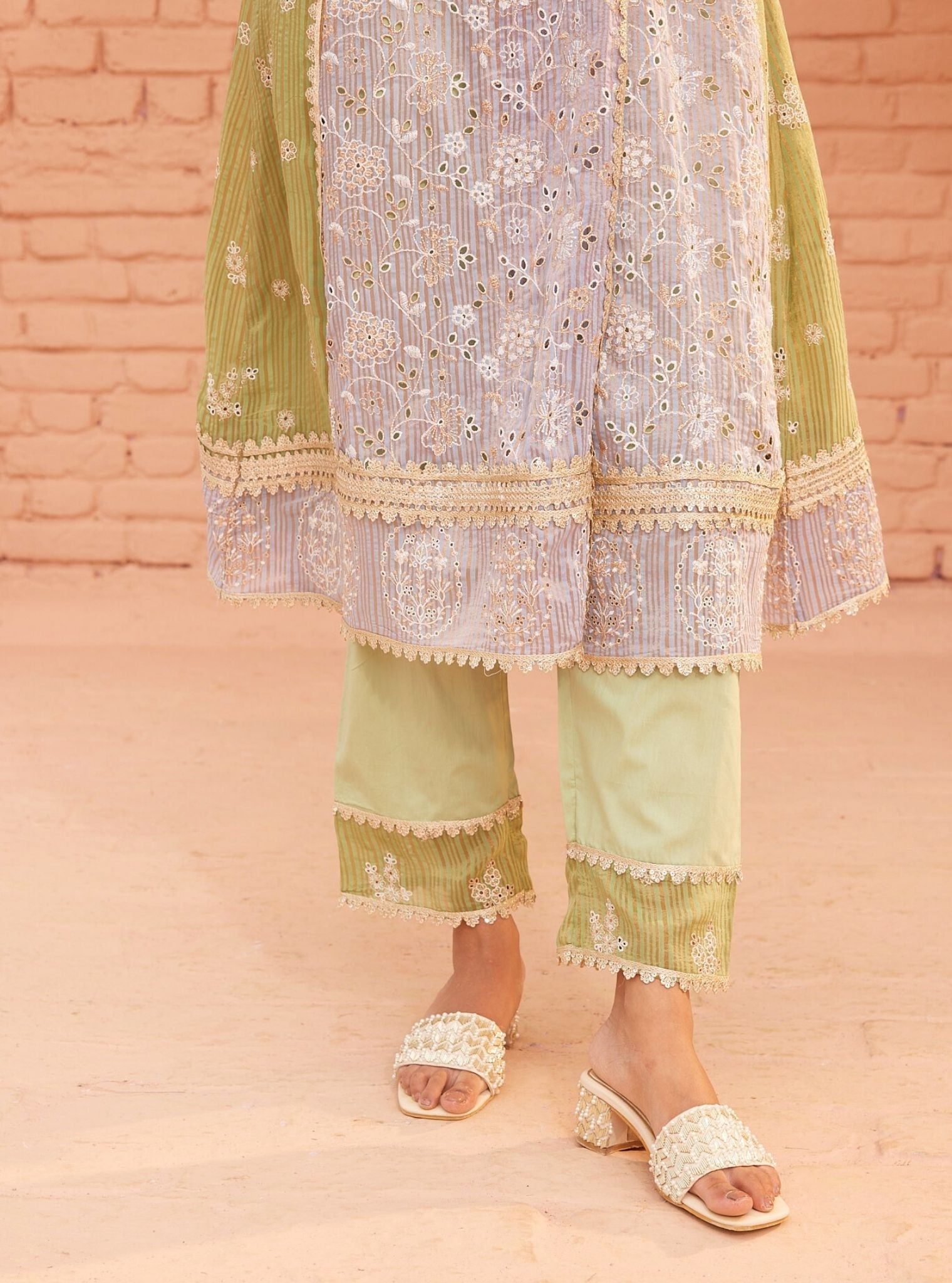 Mulmul Banarsi Vanessa Blue Anarkali Kurta With Mulmul Cotton Vanessa Green Pant