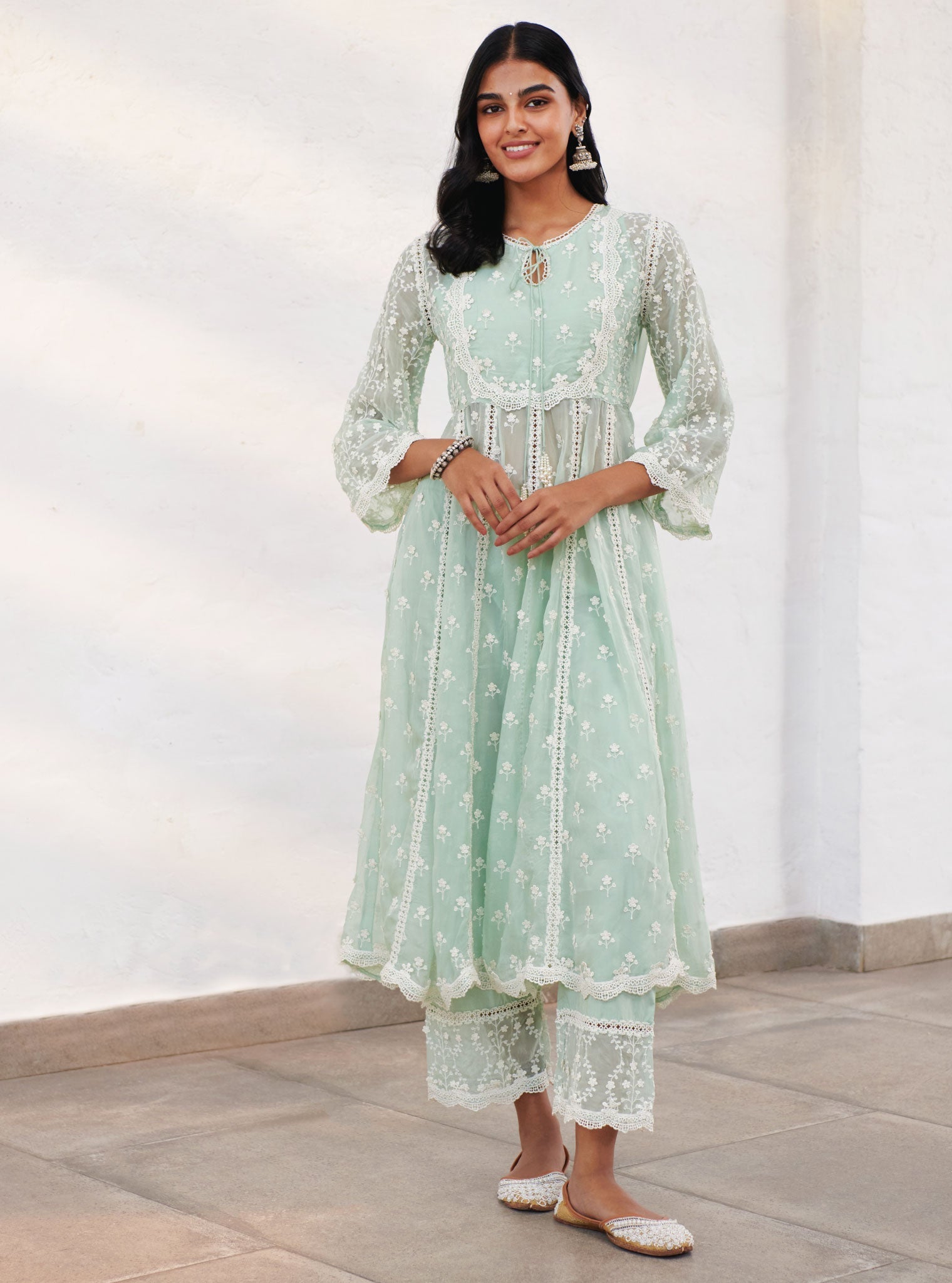 Mulmul Organza Sussex Green Anarkali Kurta With Cotton Sussex Green Pant