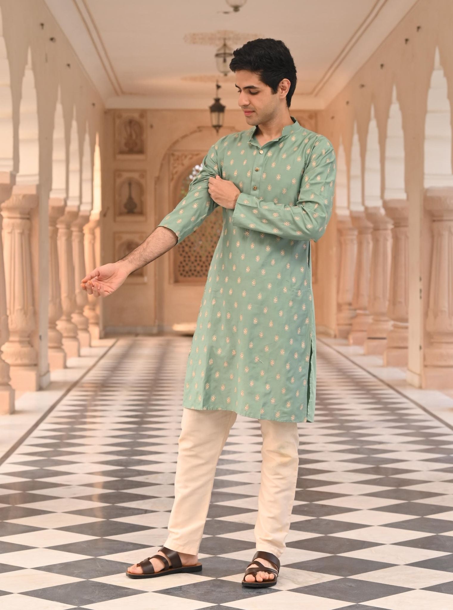 Mulmul Pima Satin Challa Teal Blue Men Kurta with Mulmul Pima Satin Shava Off White Pyajama