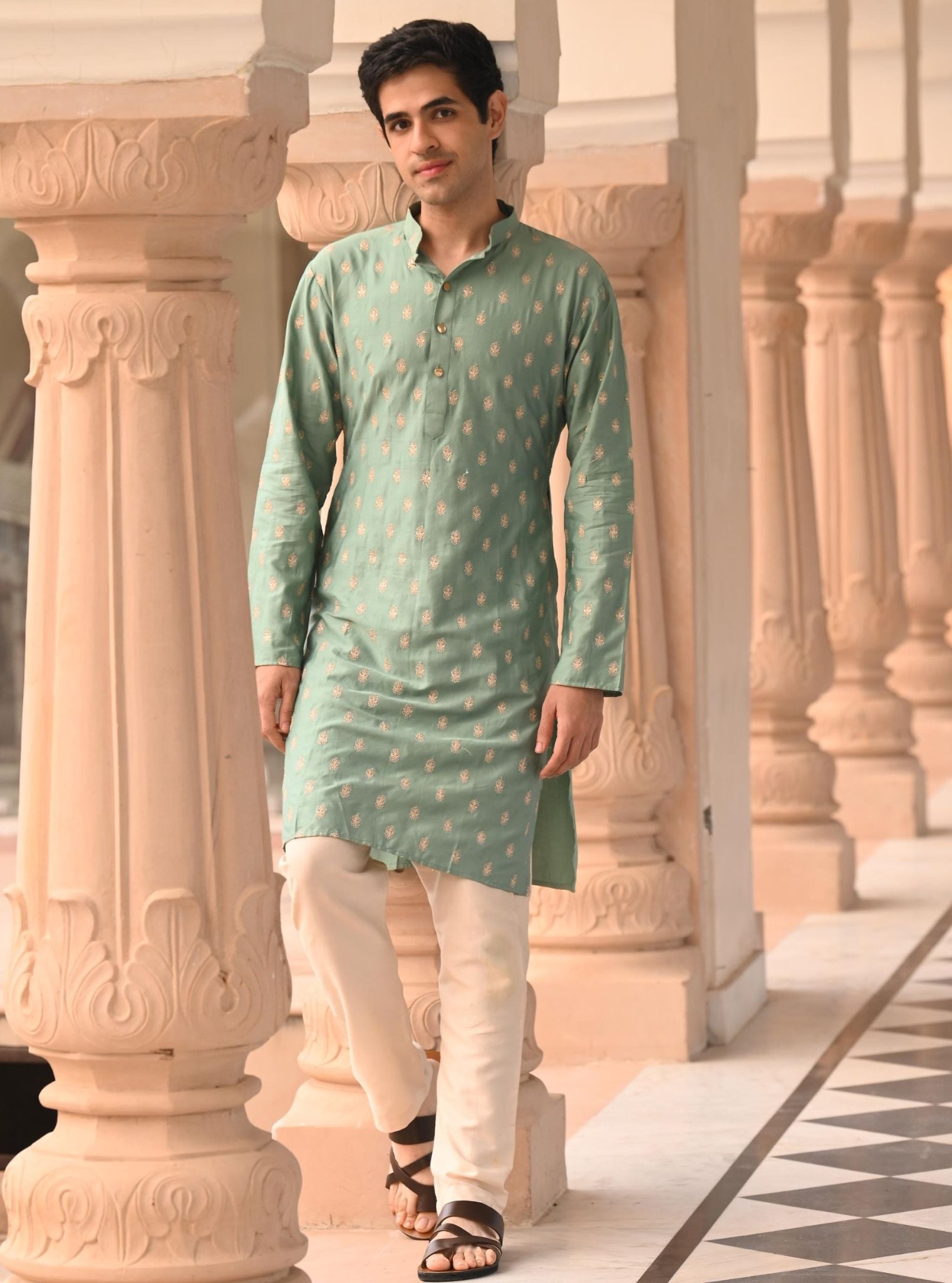 Mulmul Pima Satin Challa Teal Blue Men Kurta with Mulmul Pima Satin Shava Off White Pyajama