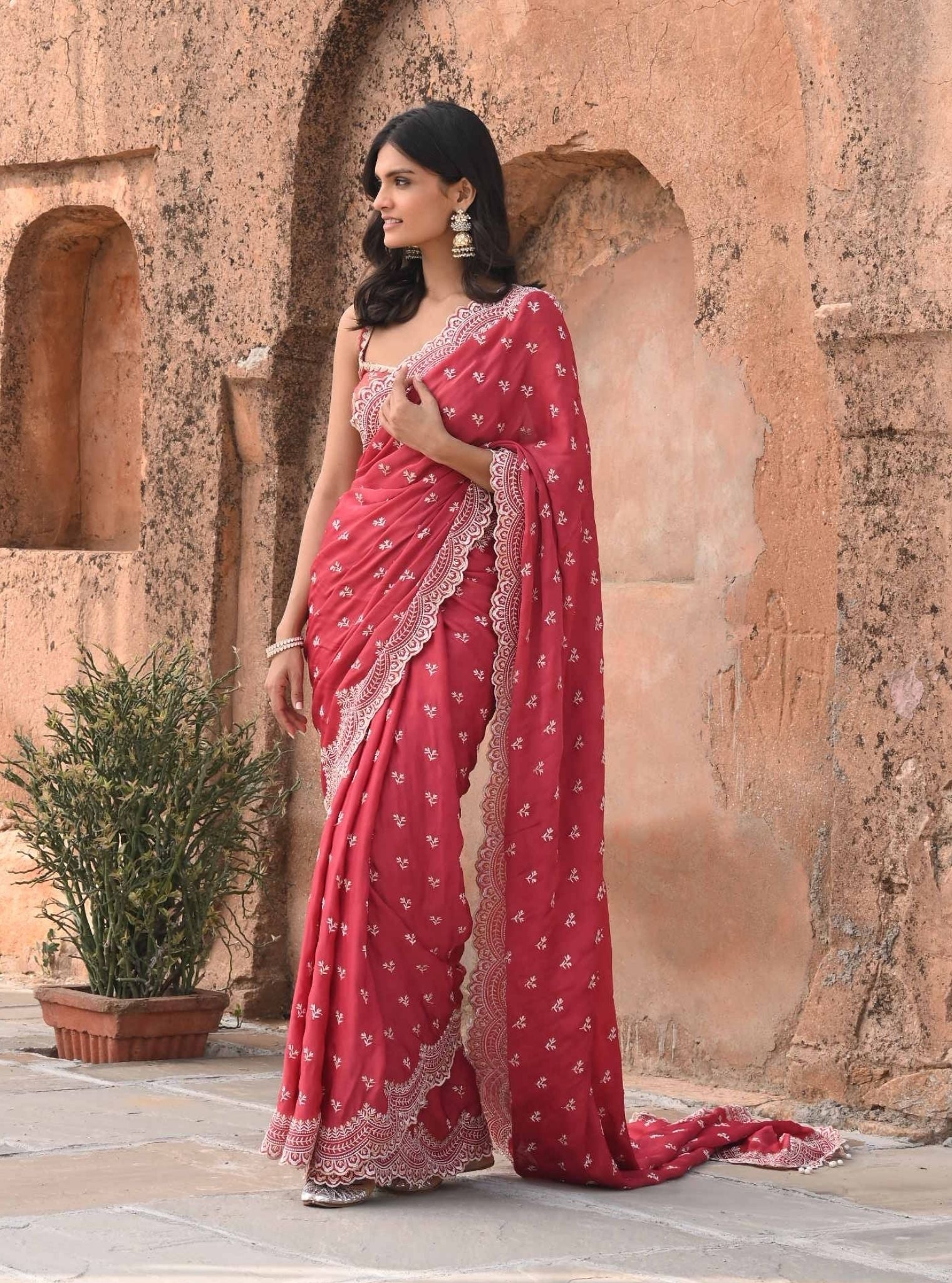 Mulmul Organza Satin Bindiya Red Saree