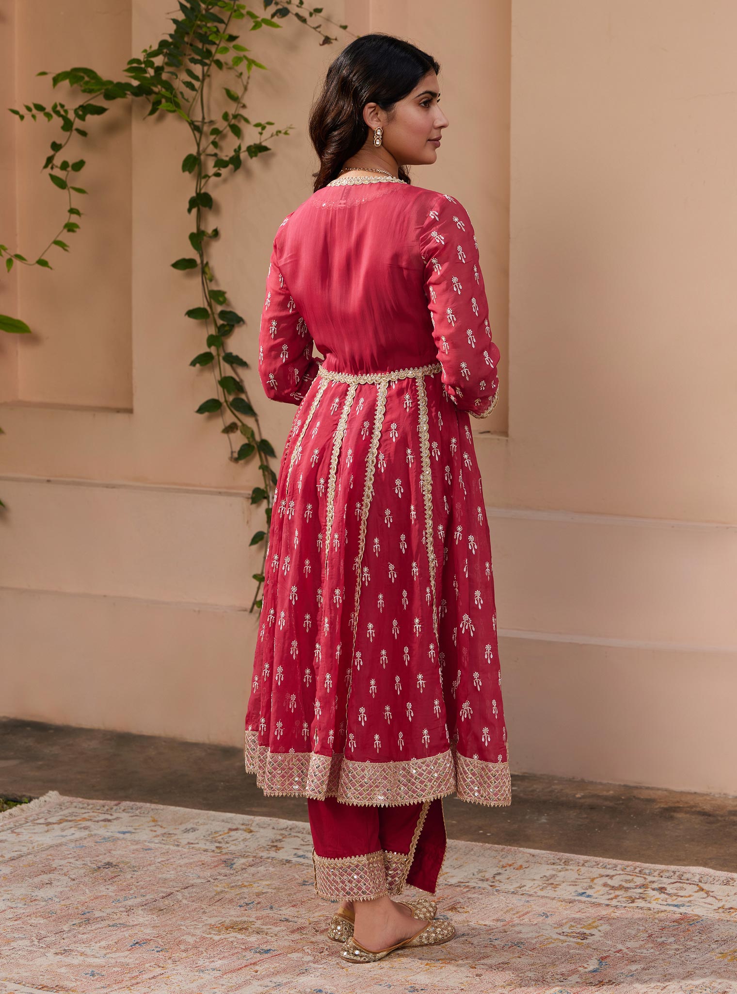 Mulmul Organza Samici Red Anarkali Kurta With Mulmul Pima Samici Red Pant