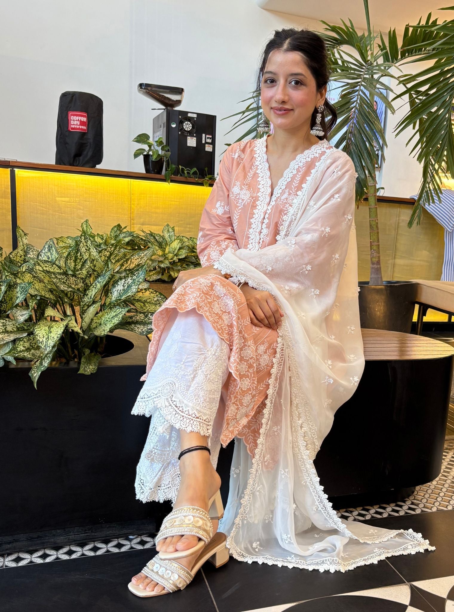 Dhansiri Supima Cotton Beige Kurta with Embroidered Bellbottom White Pyjama Set