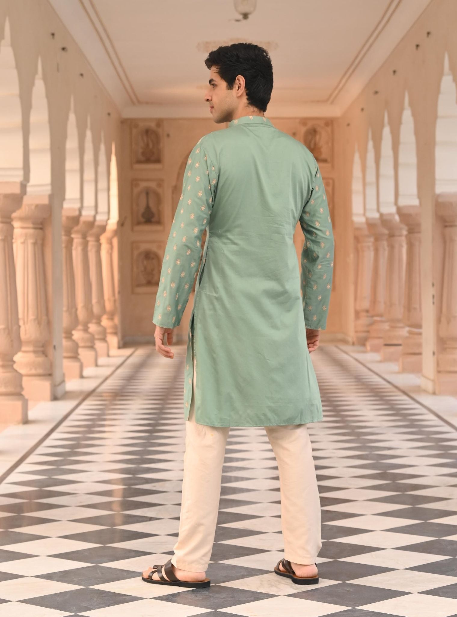 Mulmul Pima Satin Challa Teal Blue Men Kurta with Mulmul Pima Satin Shava Off White Pyajama