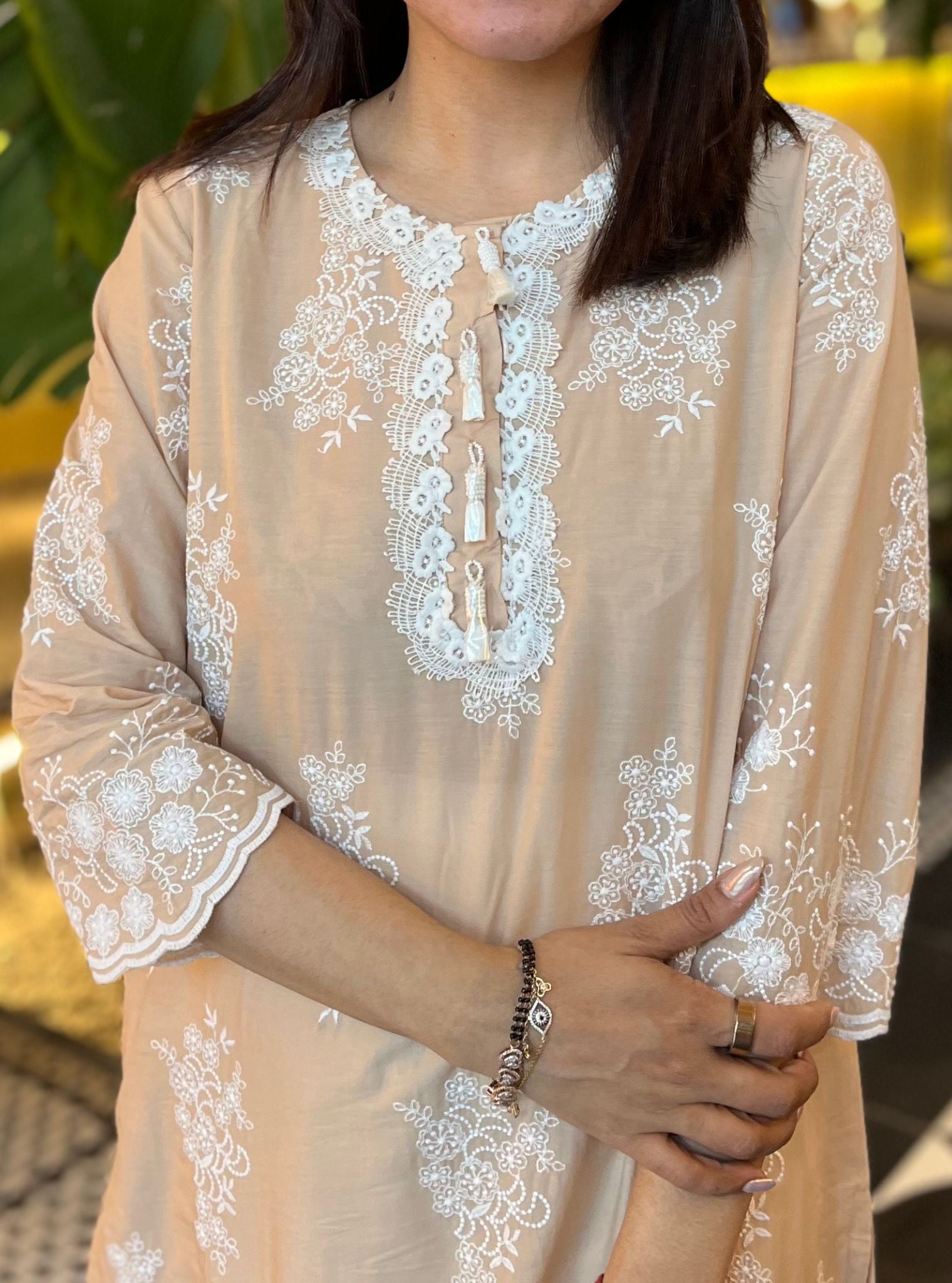 Mulmul Cotton Perla Beige Kurta With Mulmul Cotton Revora White Pant