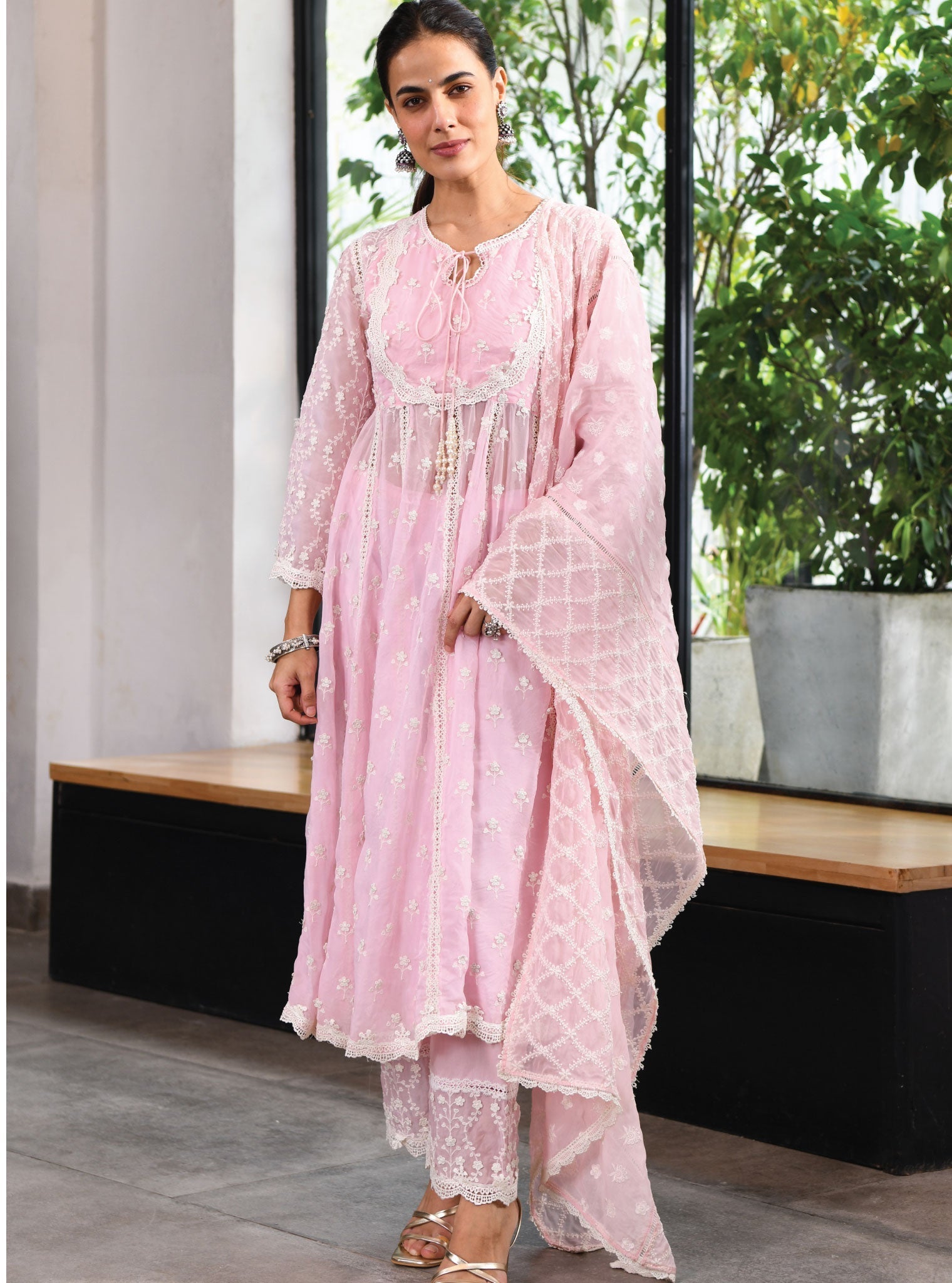 Mulmul Organza Sussex Pink Anarkali Kurta With Cotton Sussex Pink Pant