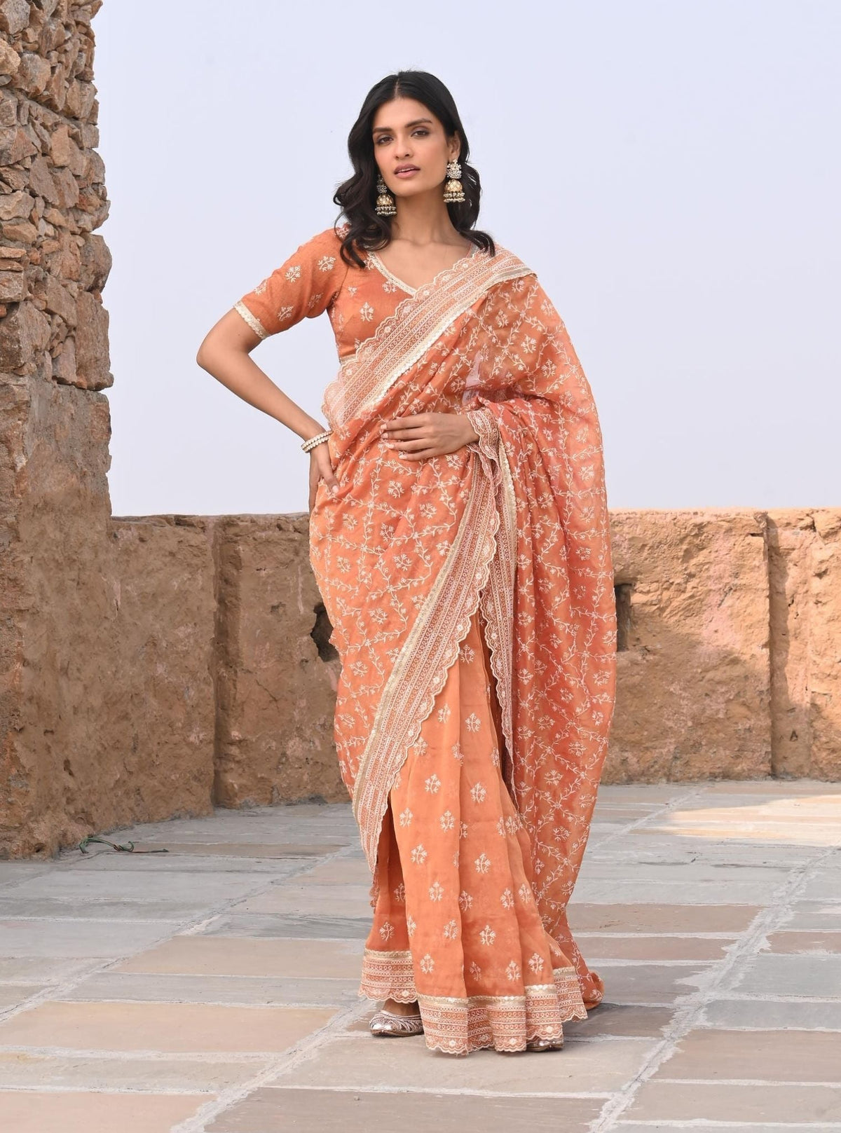 Mehram Luxe Tissue Burnt Orange Saree
