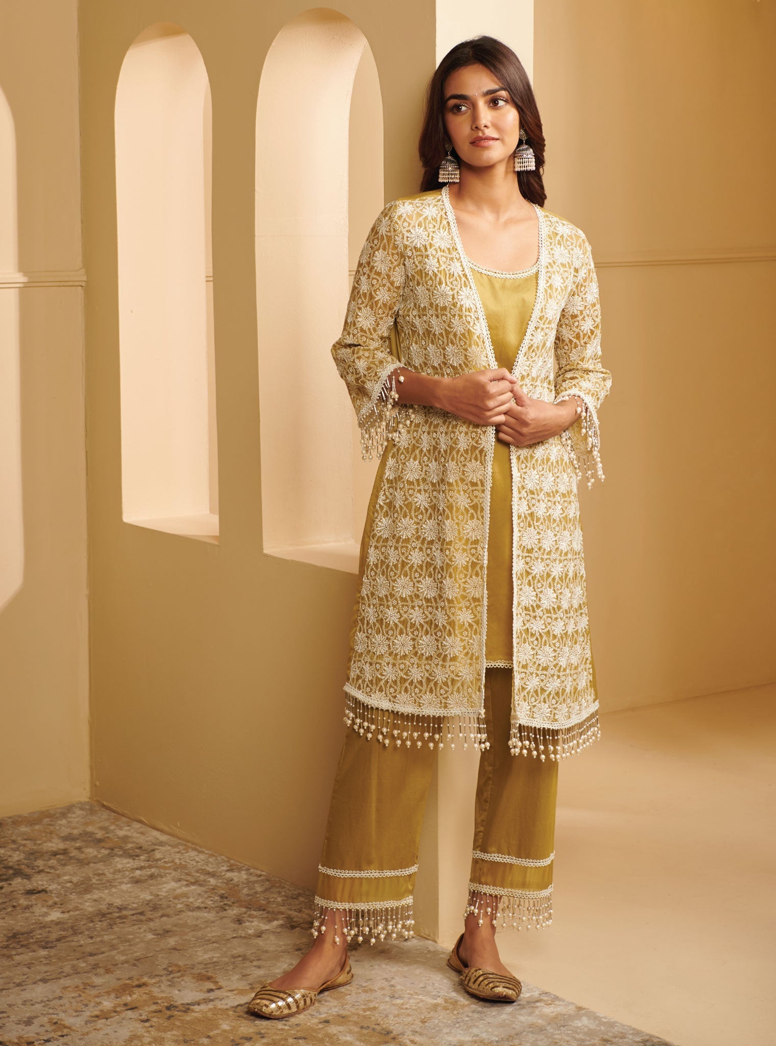 Mulmul Organza Iksa Green Kurta With Mulmul Pima Satin Iksa Green Pant