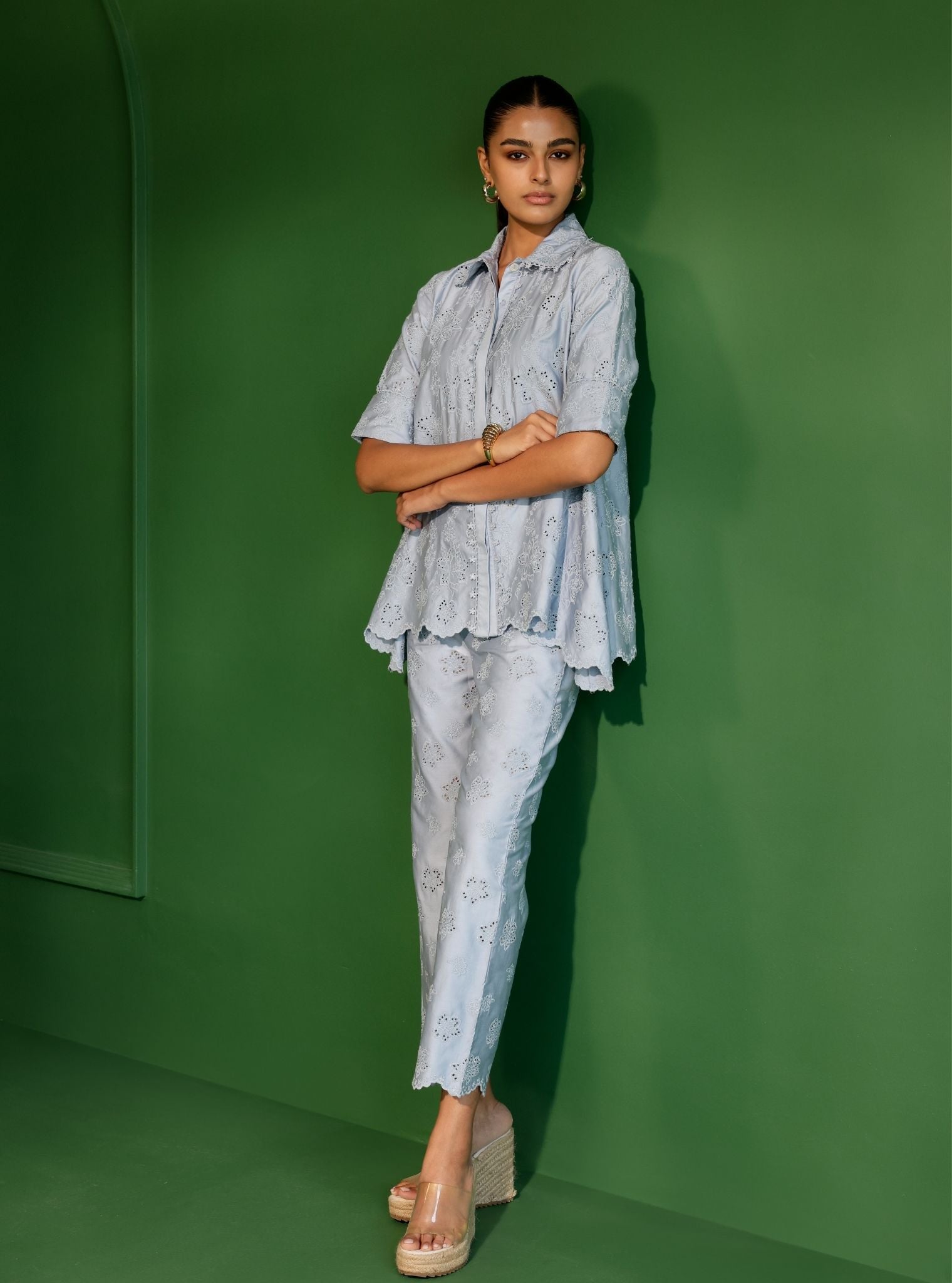 Mulmul Pima Satin Roselyn Blue Shirt with Mulmul Pima Satin Roselyn Blue Pant