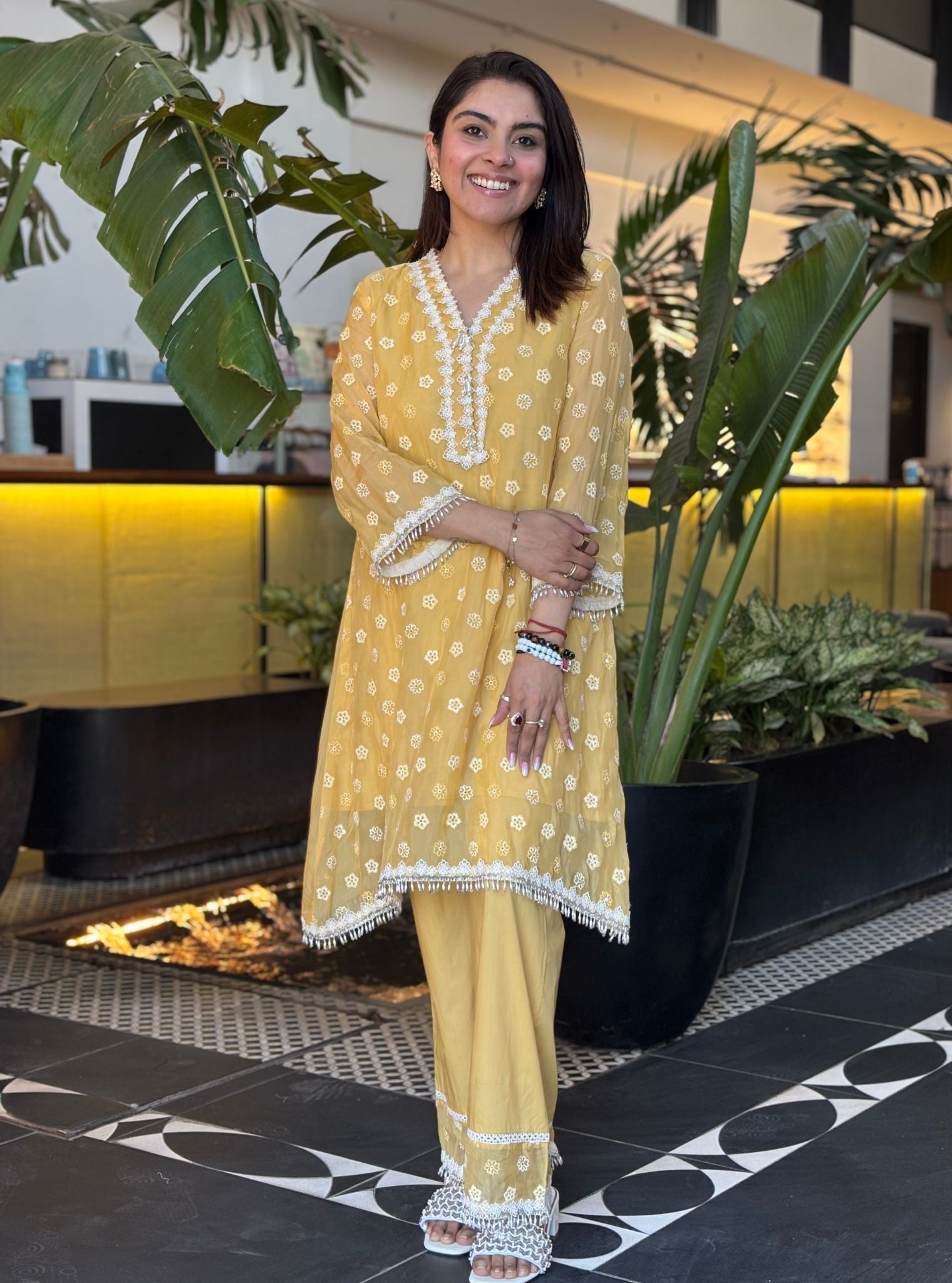 Mulmul Organza Hariette Yellow Kurta With Mulmul Cotton Hariette Yellow Pant